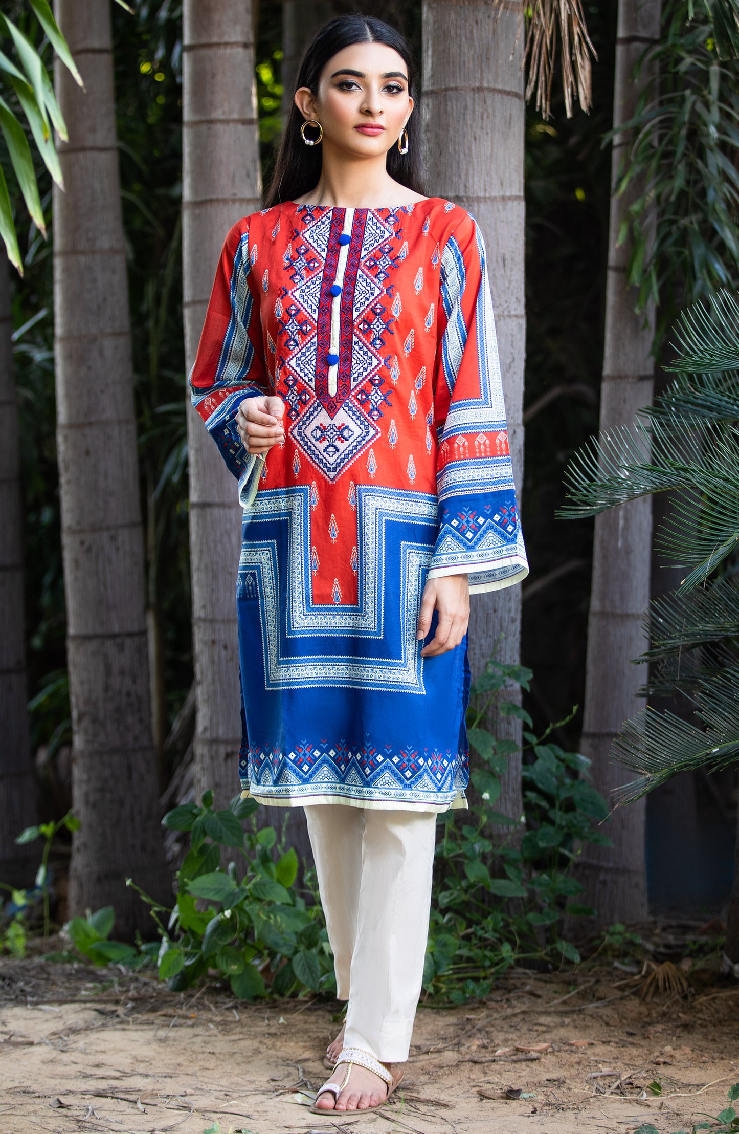 Stitched 1 Piece Embroidered Cambric Shirt (NRD-325 RED BLUE)