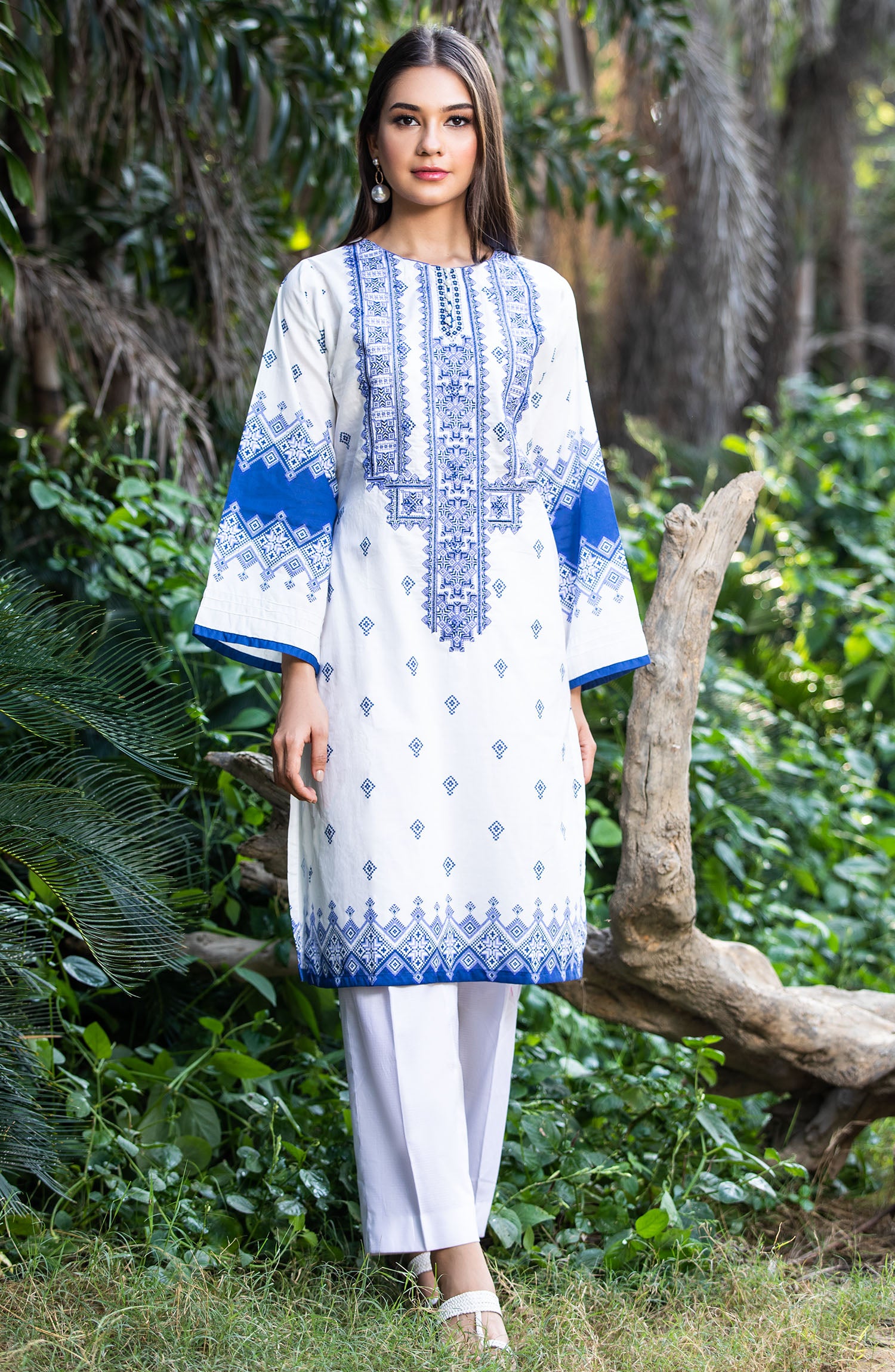 Stitched 1 Piece Embroidered Cambric Shirt (NRD-327 WHITE BLUE)