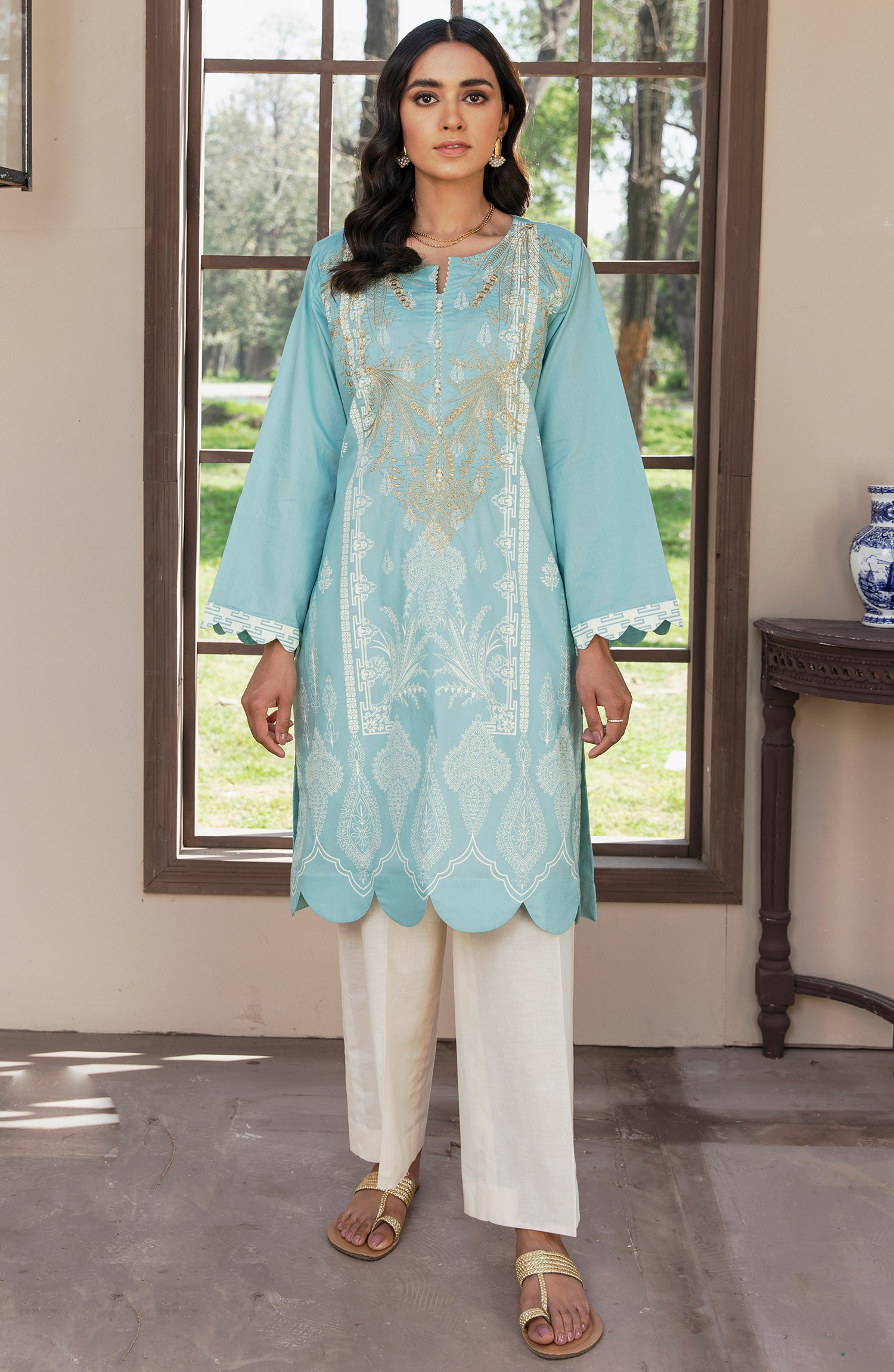 Stitched 1 Piece Embroidered Cambric Shirt (NRD-364/S TEAL)