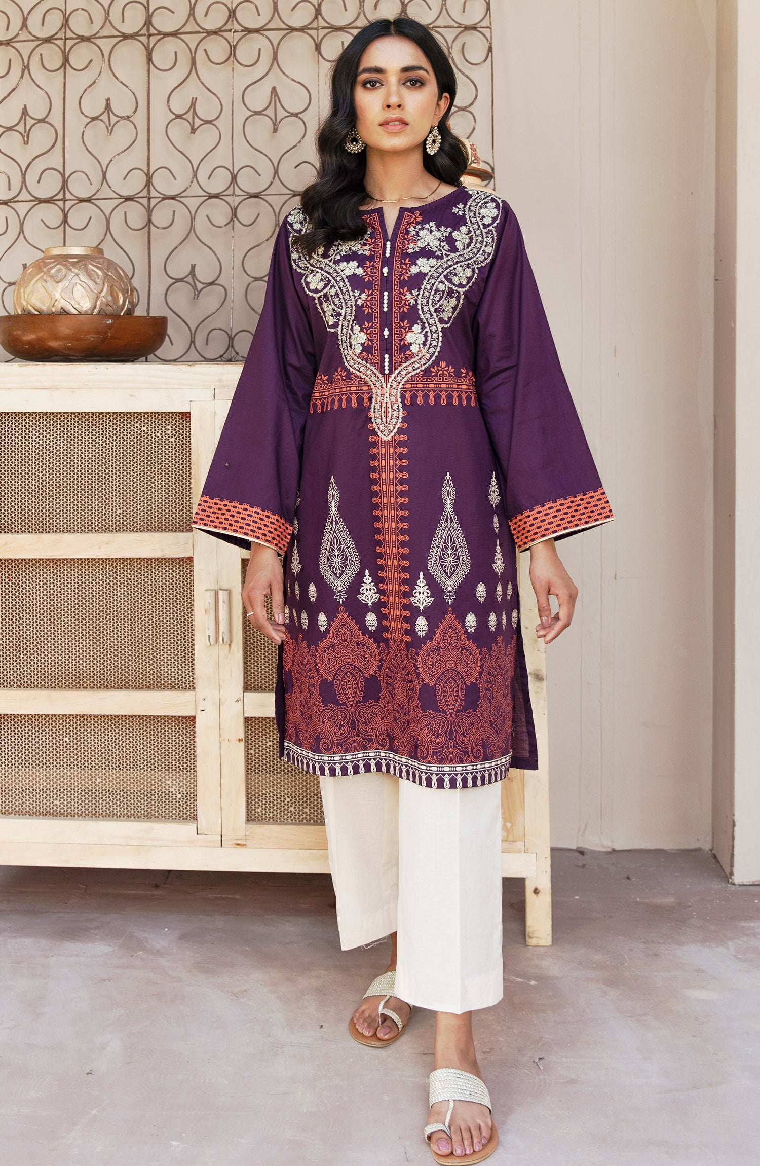 Stitched 1 Piece Embroidered Cambric Shirt (NRD-365/S PURPLE)