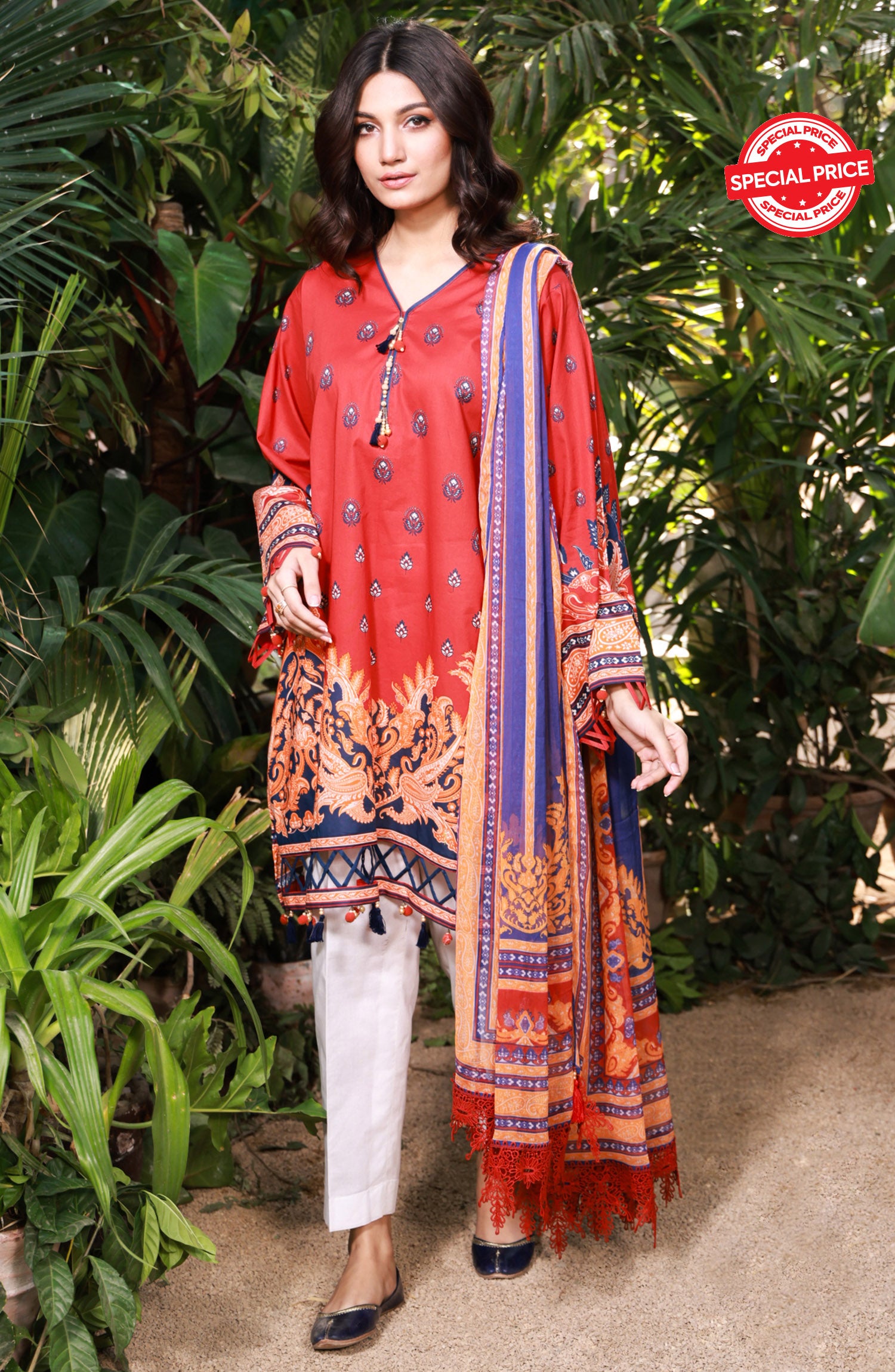 NRDS-21-403/U RED LAWN  UNSTITCHED SHIRT DUPATTA