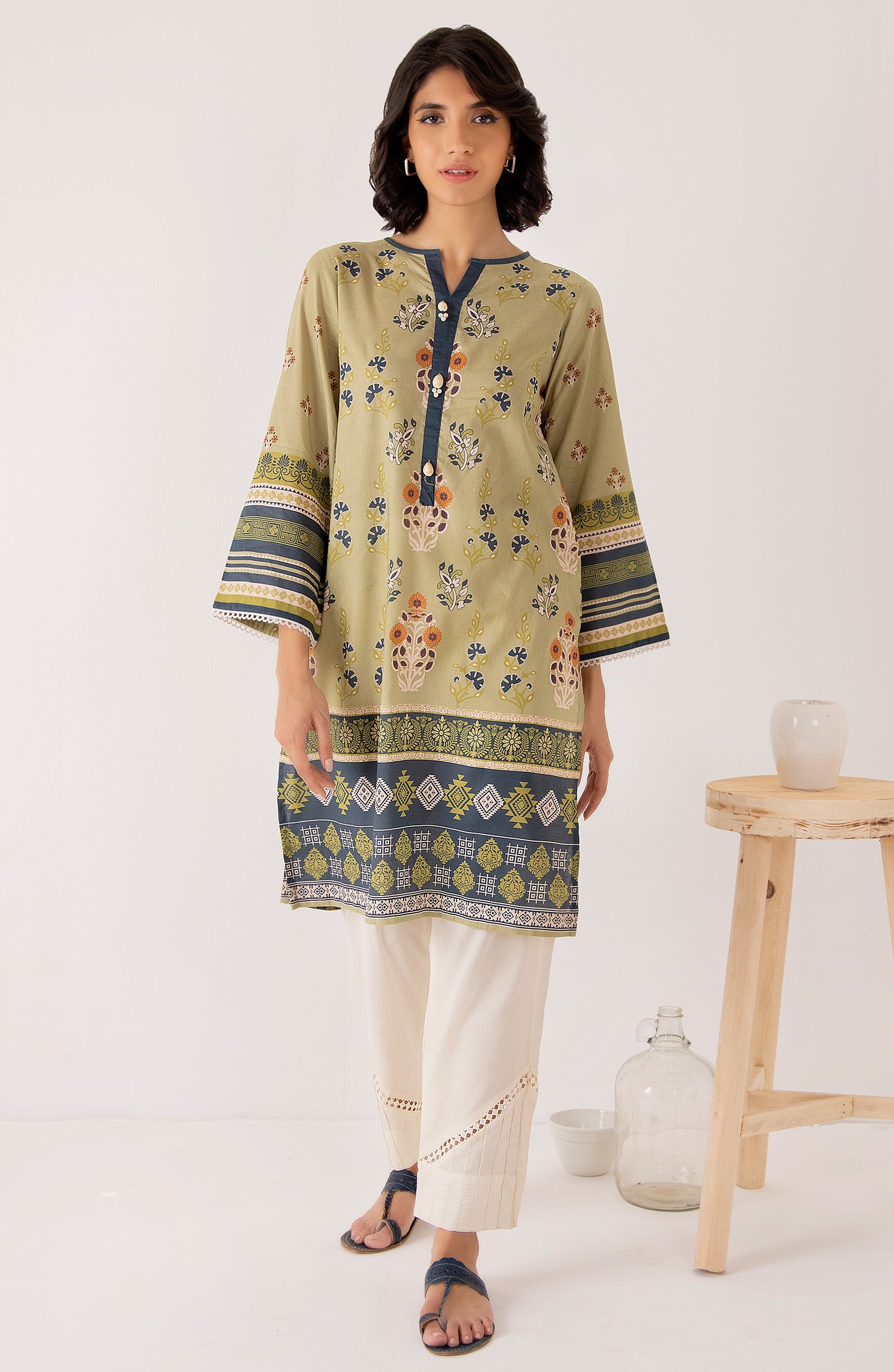 Stitched 1 Piece Printed Cambric Shirt (NRD-466/S GREEN)