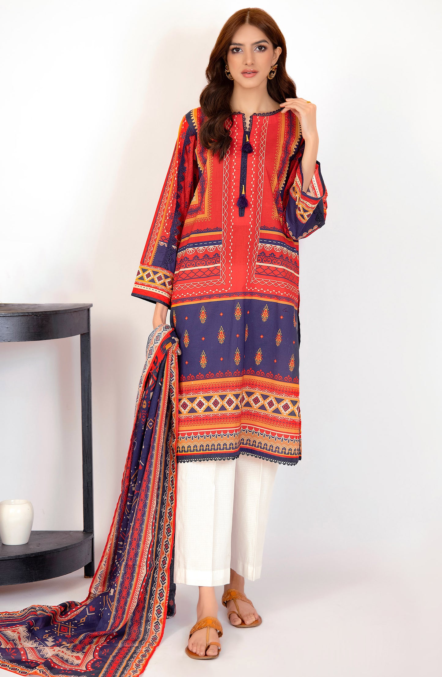 Unstitched 2 Piece Printed Lawn Shirt and Dobby Net Dupatta (NRDS-275/U RED)