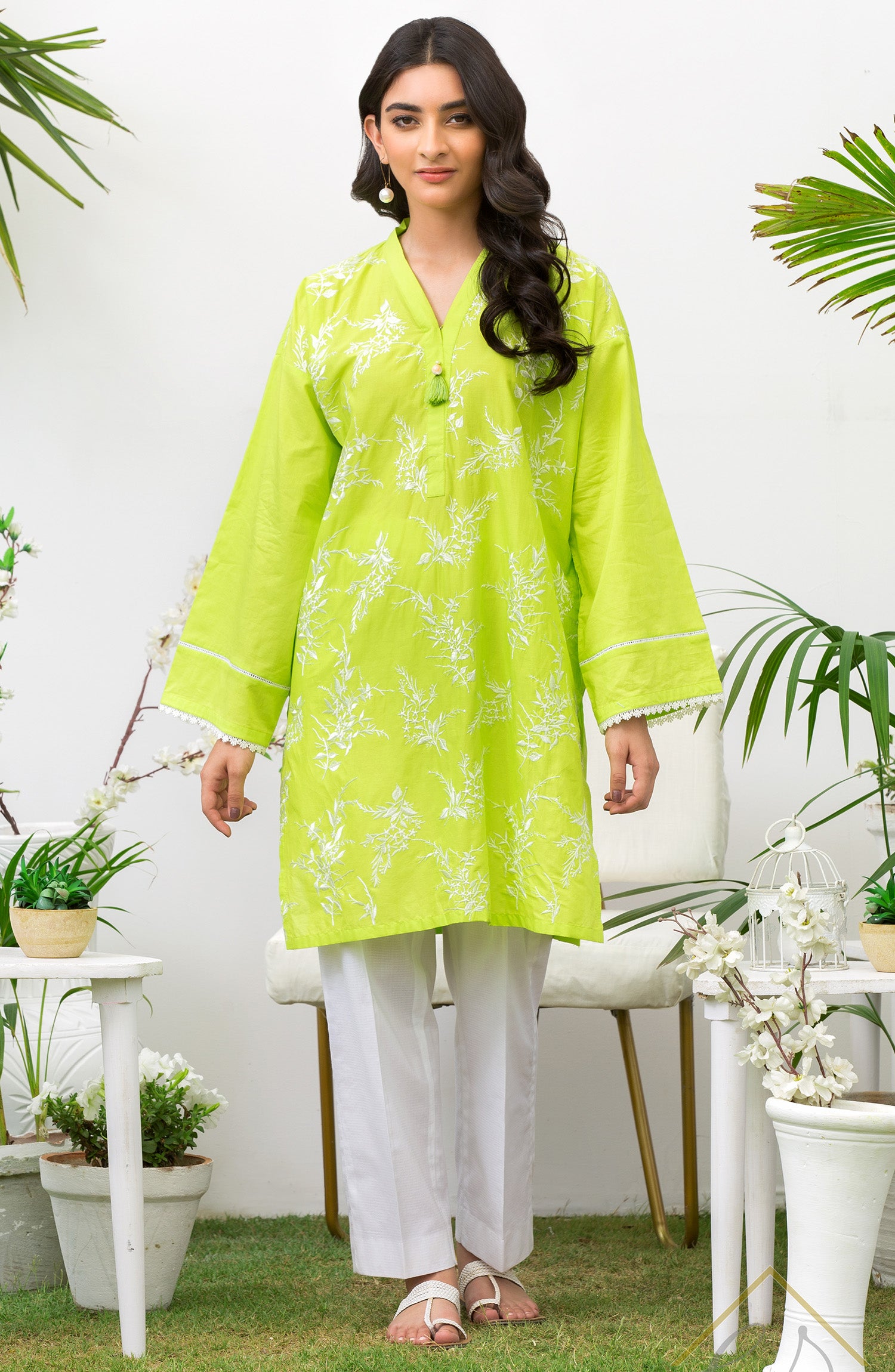 Stitched 1 Piece Embroidered Cambric Shirt (NREK-54/S GREEN)