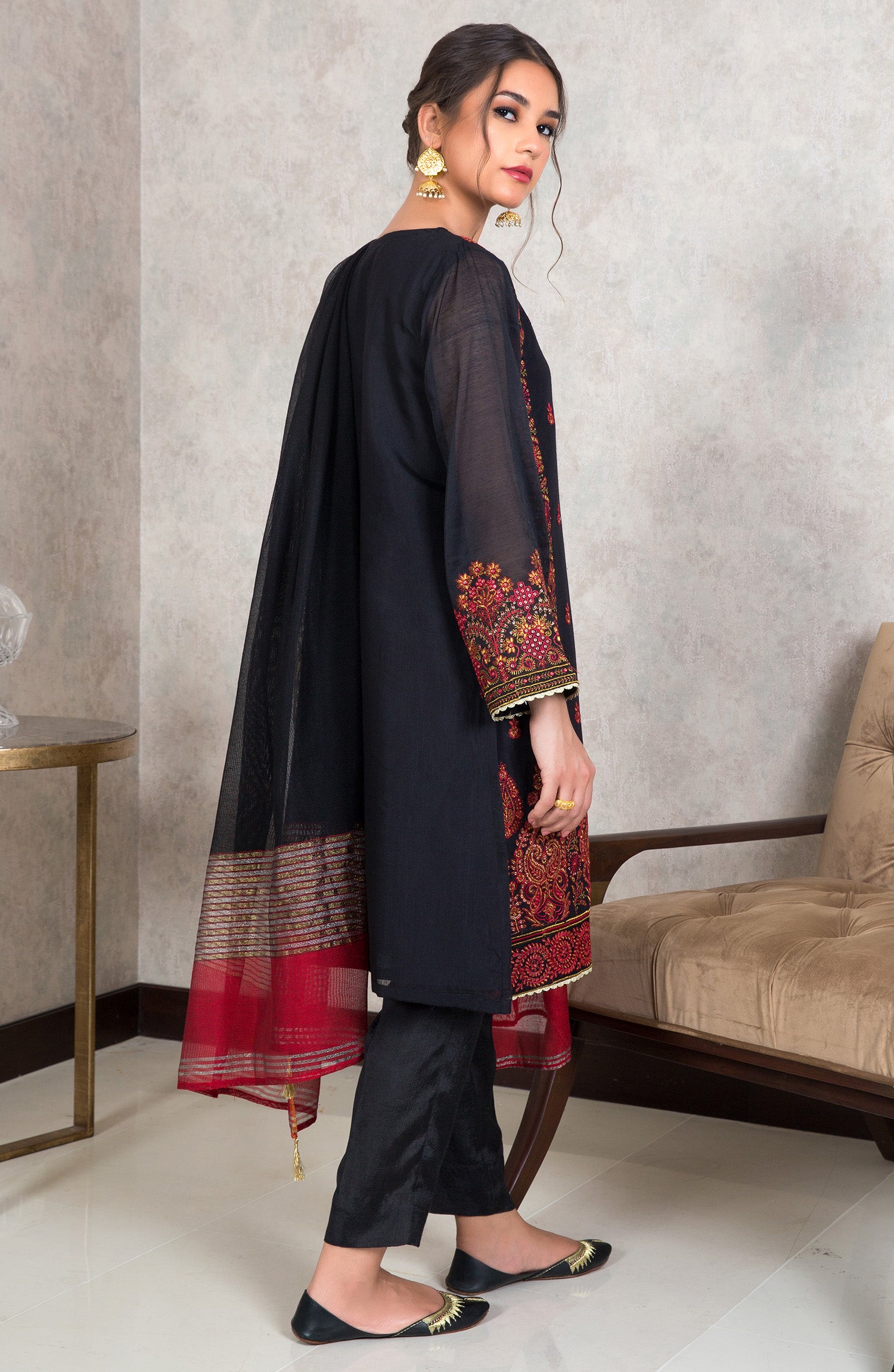 Stitched 3 Piece Embroidered Yarn Dyed Powerloom Suit (NRF-19/S BLACK)