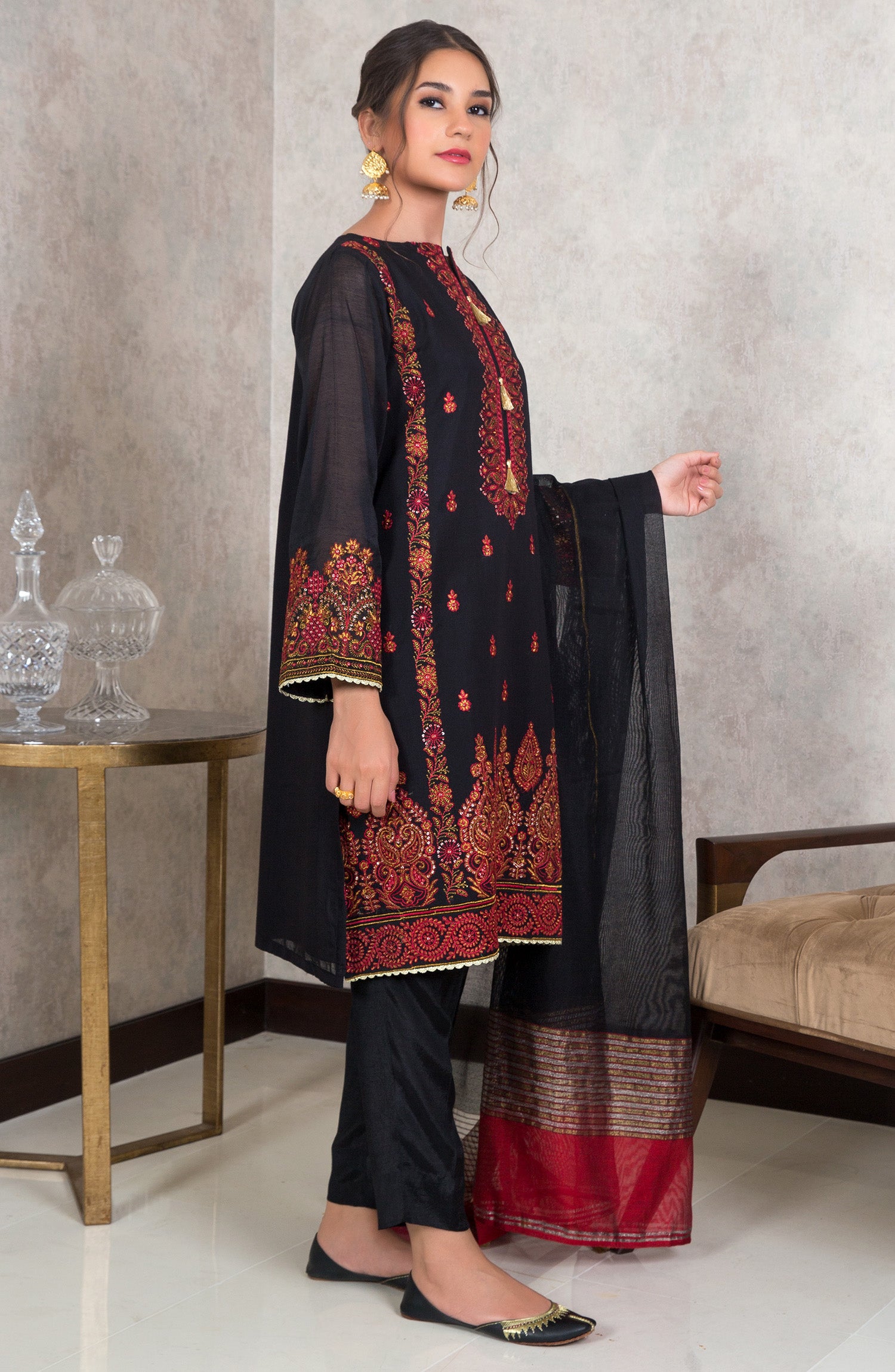 Stitched 3 Piece Embroidered Yarn Dyed Powerloom Suit (NRF-19/S BLACK)