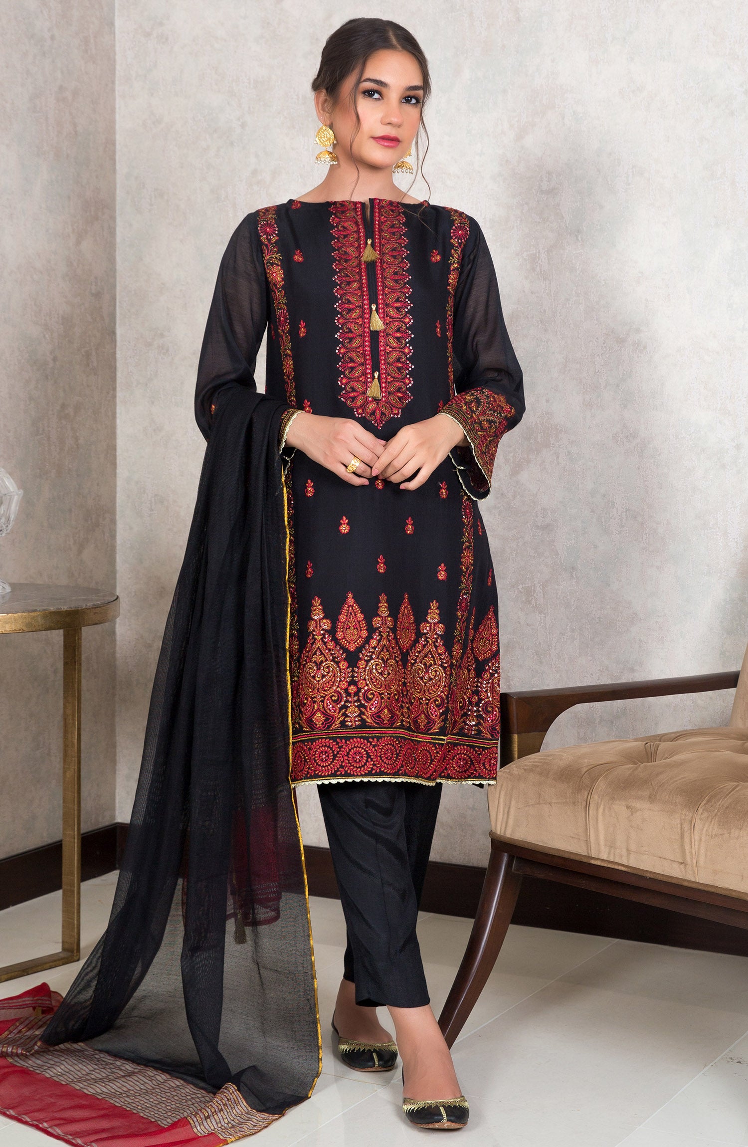 Stitched 3 Piece Embroidered Yarn Dyed Powerloom Suit