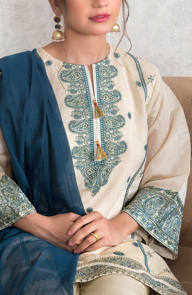 Stitched 3 Piece Embroidered Yarn Dyed Powerloom Suit