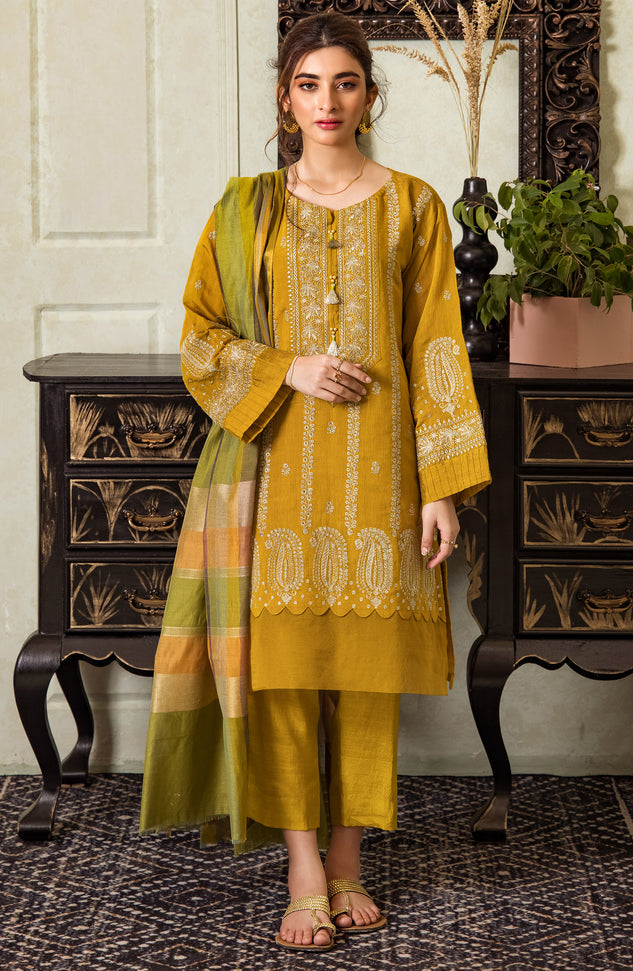 Stitched 3 Piece Embroidered Fancy Paper Cotton Shirt , Raw Silk Pant and Fancy Zari Yarn Dyed Dupatta