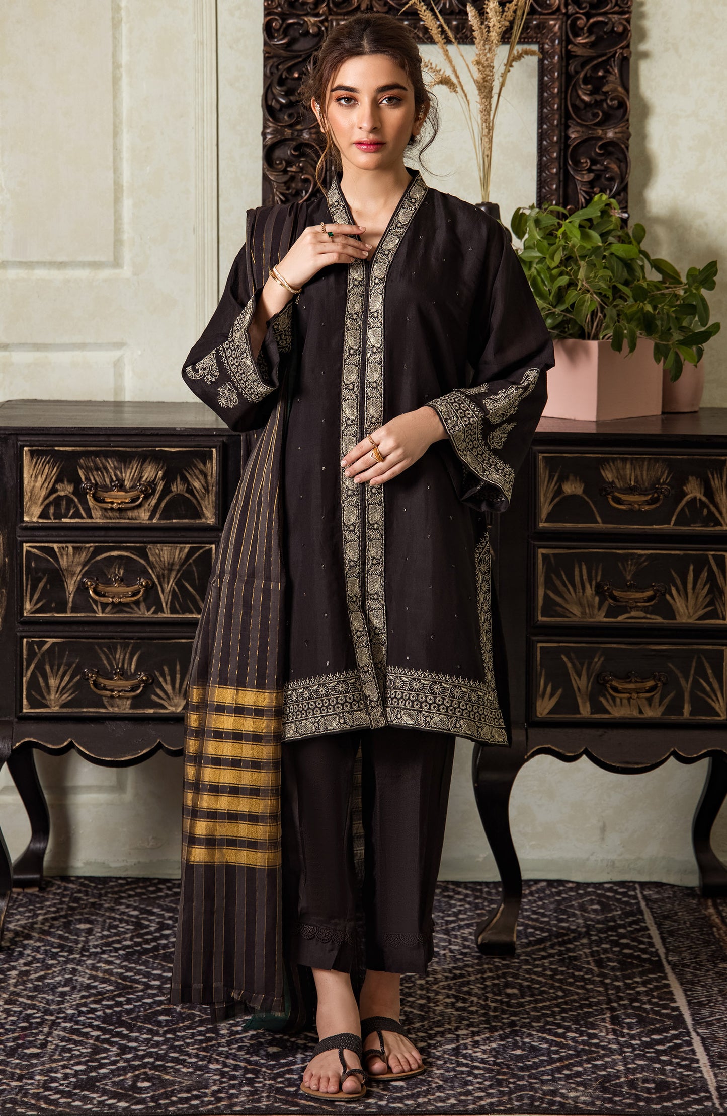 Stitched 3 Piece Embroidered Fancy Paper Cotton Shirt , Raw Silk Pant and Fancy Zari Yarn Dyed Dupatta (NRF-30/S BLACK)