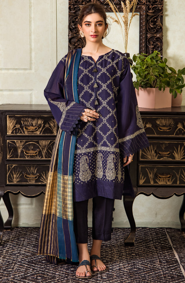 Stitched 3 Piece Embroidered Fancy Paper Cotton Shirt , Raw Silk Pant and Fancy Zari Yarn Dyed Dupatta