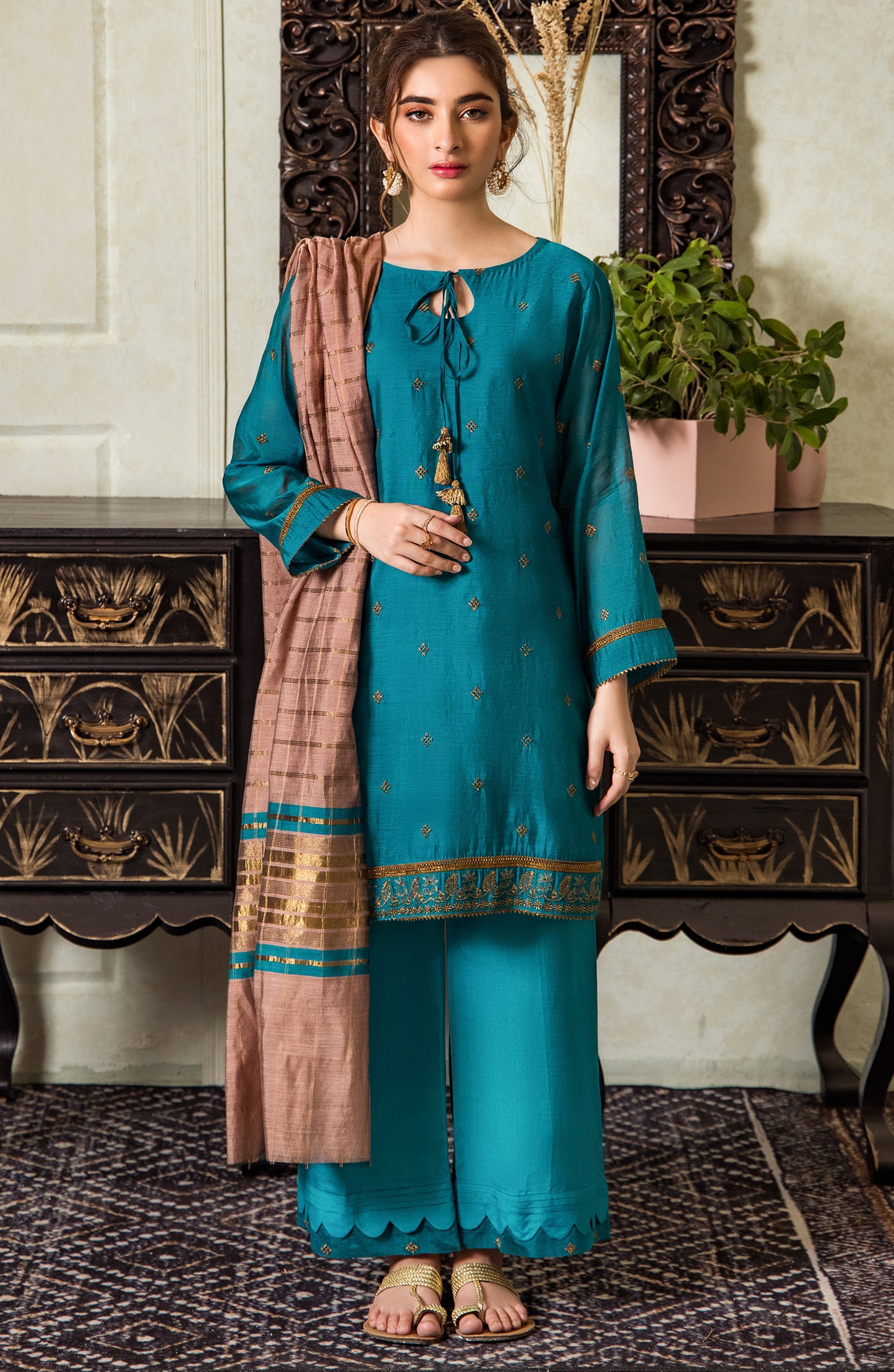 Stitched 3 Piece Embroidered Fancy Paper Cotton Shirt , Raw Silk Pant and Fancy Zari Yarn Dyed Dupatta
