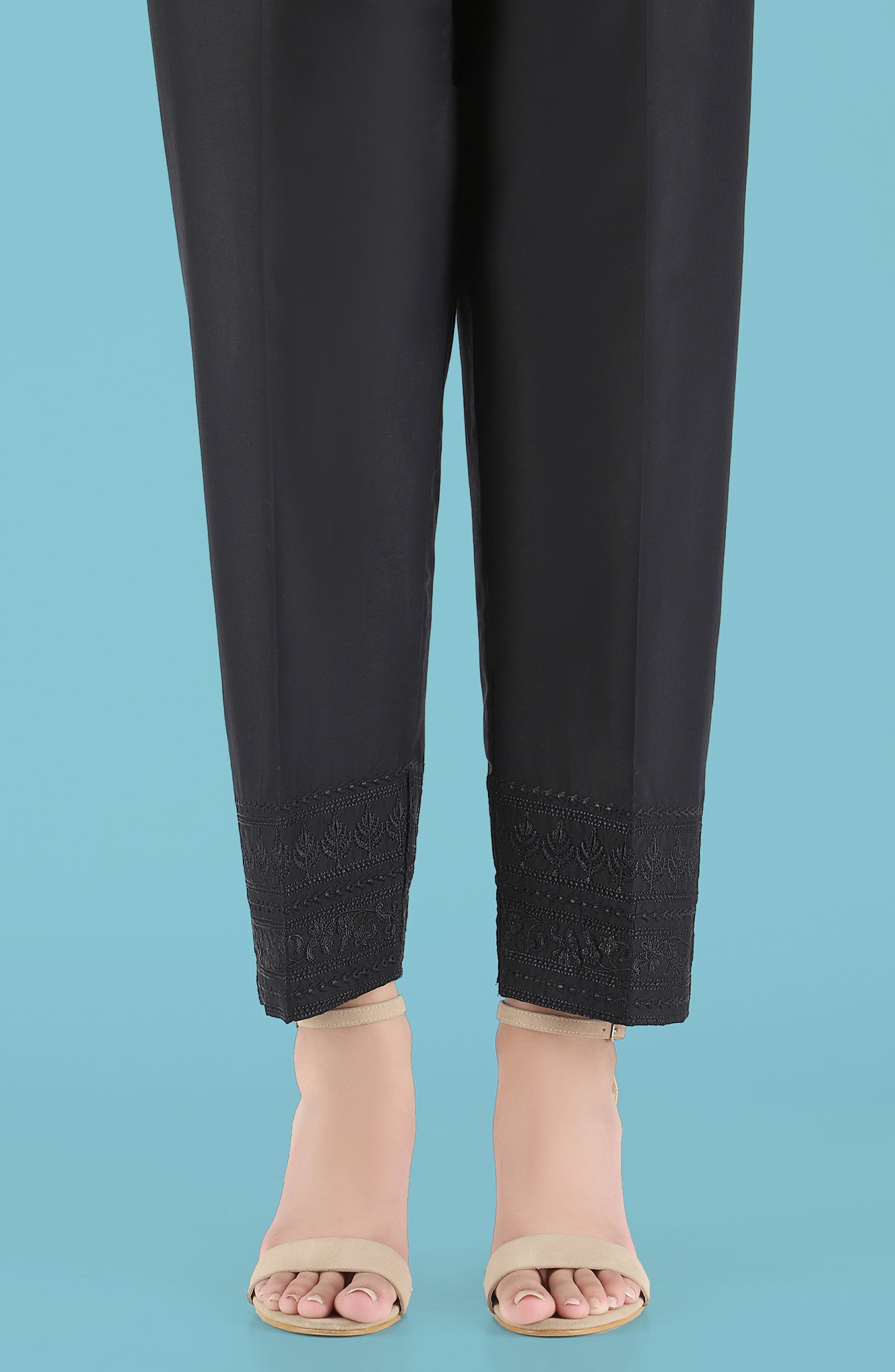 Stitched Embroidered Straight Pants- Black
