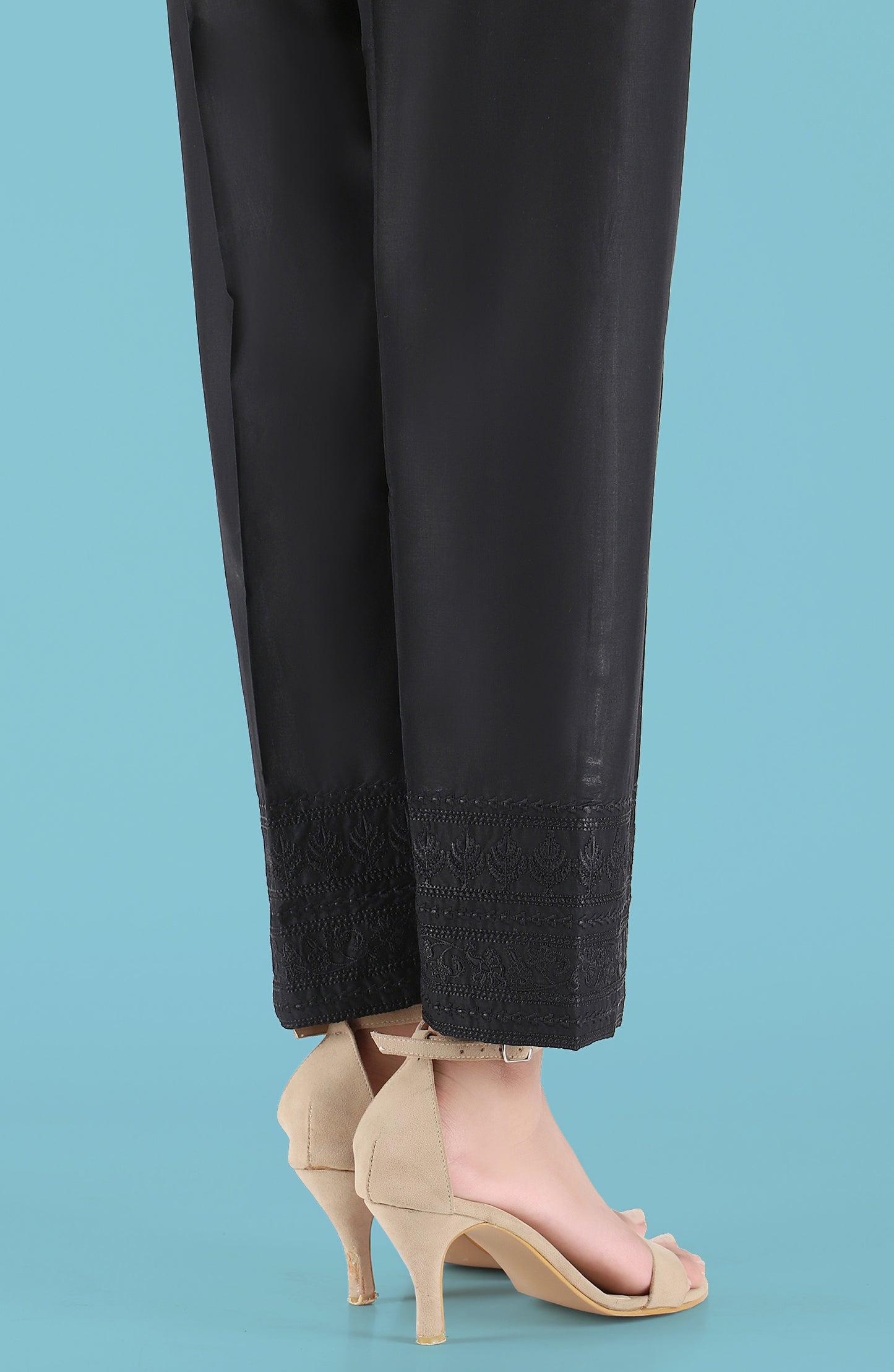 Stitched Embroidered Straight Pants- Black