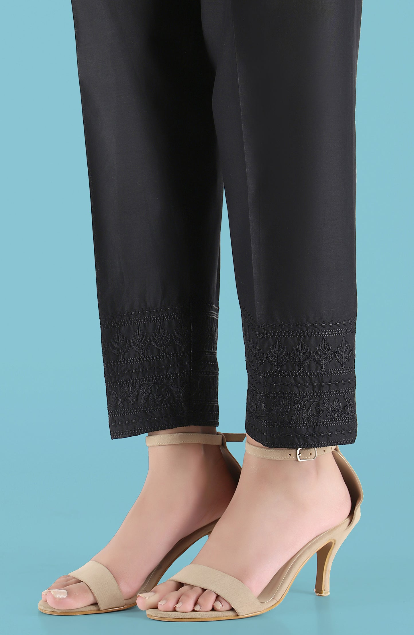 Stitched Embroidered Straight Pants- Black