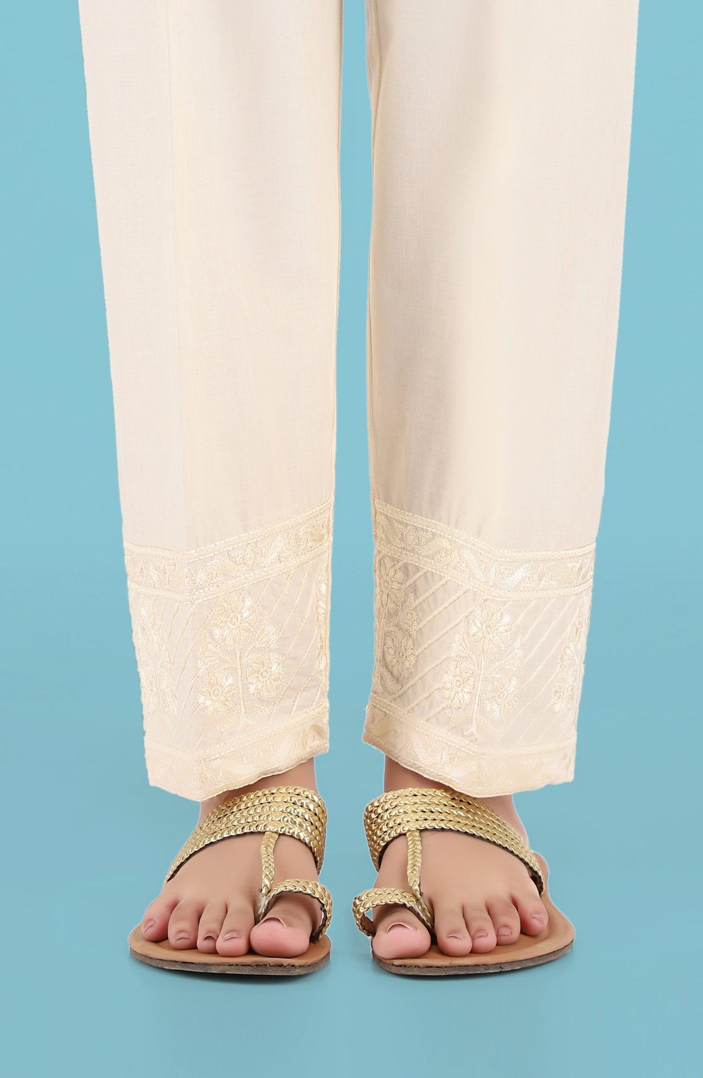 Stitched Embroidered Straight Pants- Creme (NRPE-027 CREAM)