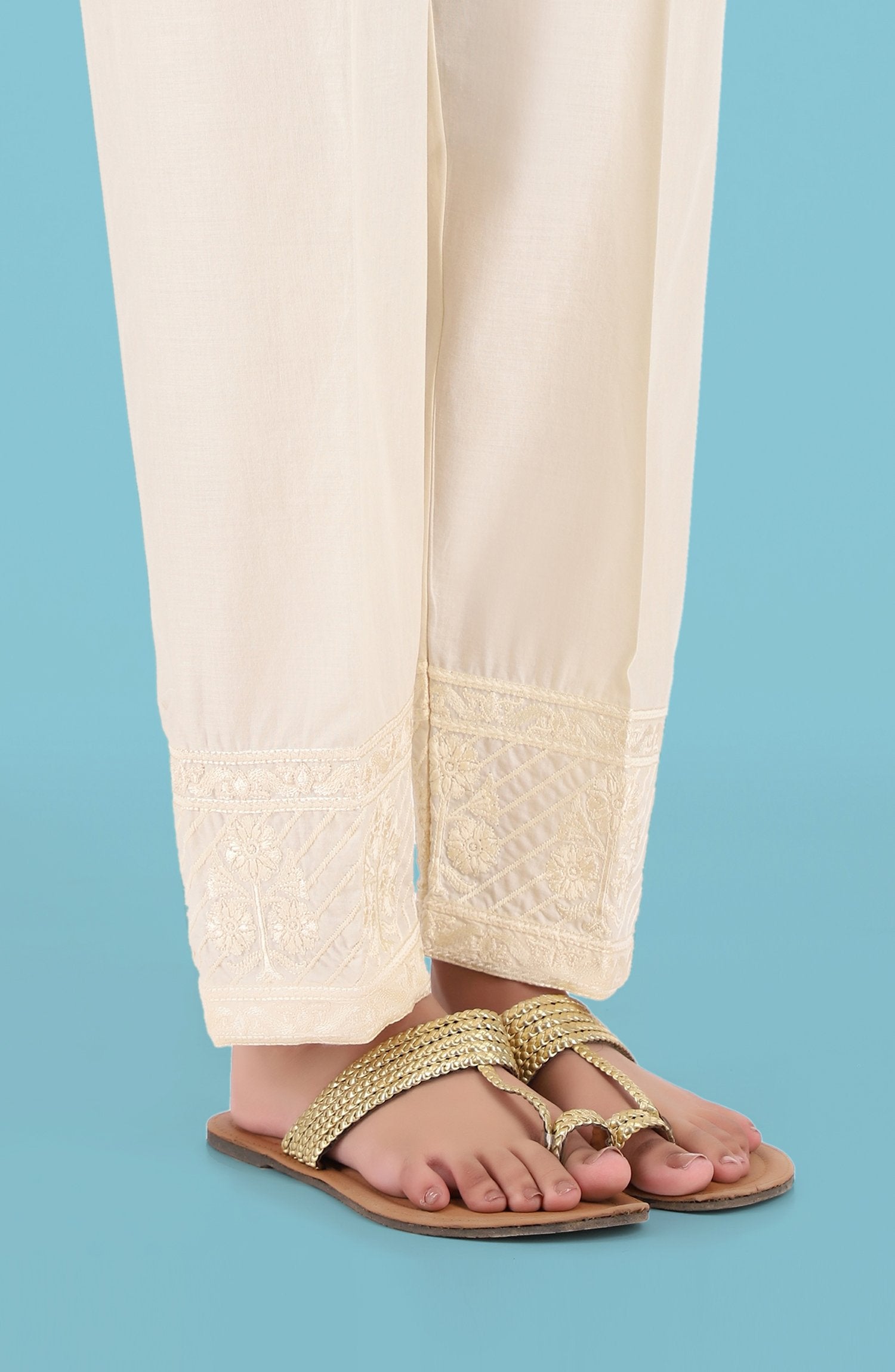 Stitched Embroidered Straight Pants- Creme (NRPE-027 CREAM)