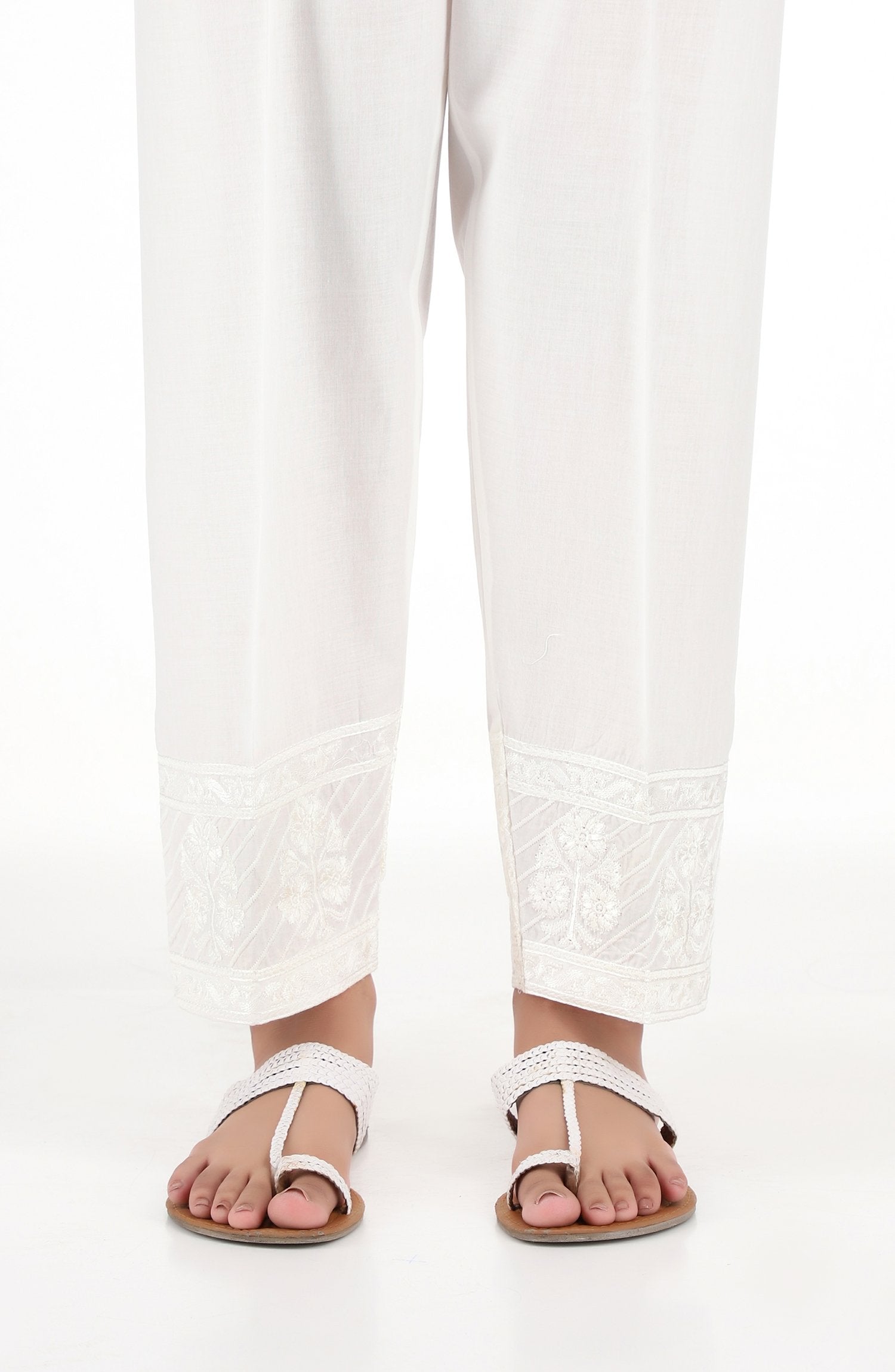 Stitched Embroidered Straight Pants- White (NRPE-027 WHITE)