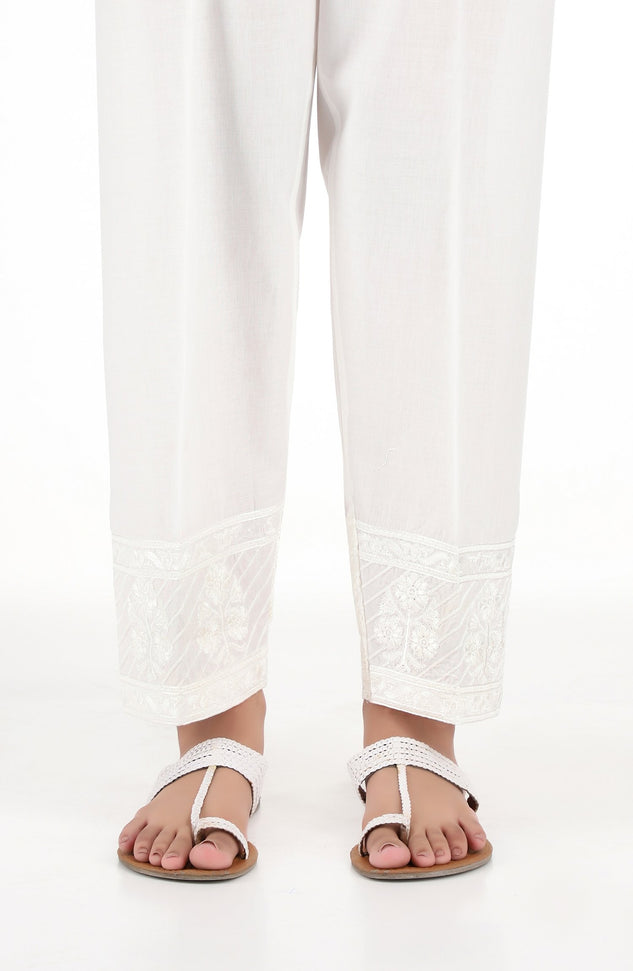 Stitched Embroidered Straight Pants- White