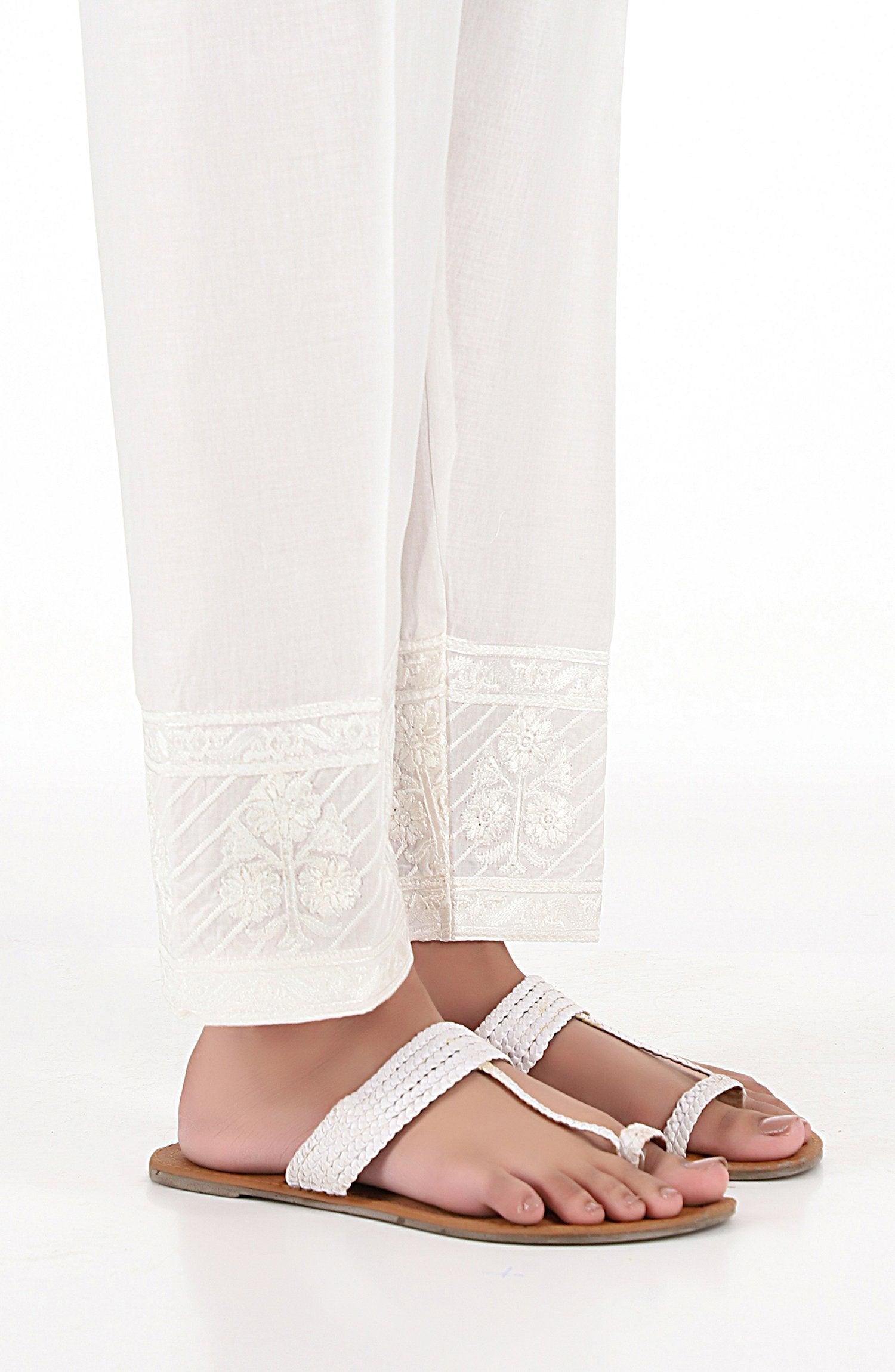 Stitched Embroidered Straight Pants- White (NRPE-027 WHITE)
