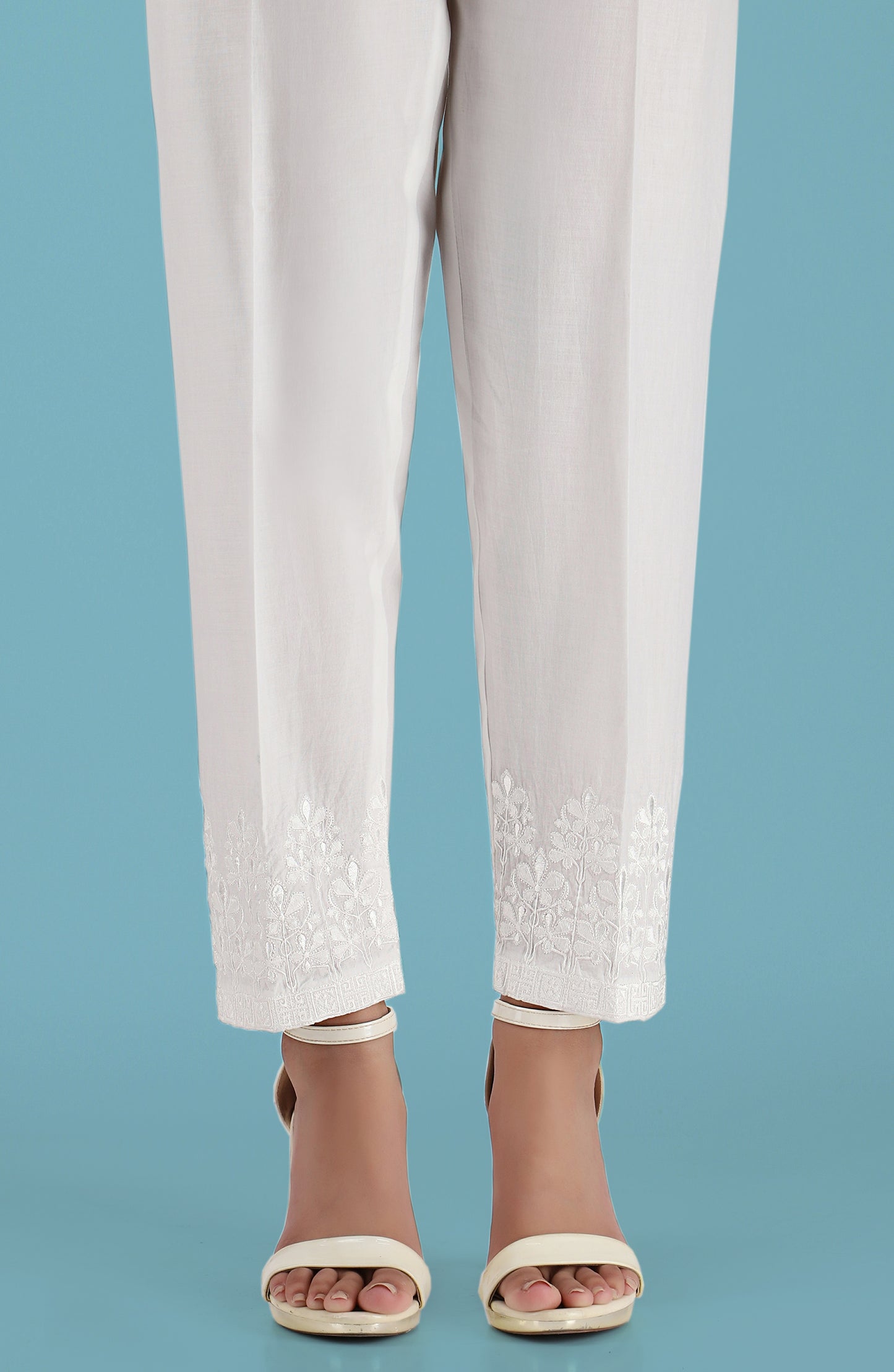 Stitched Embroidered Straight Pants- White