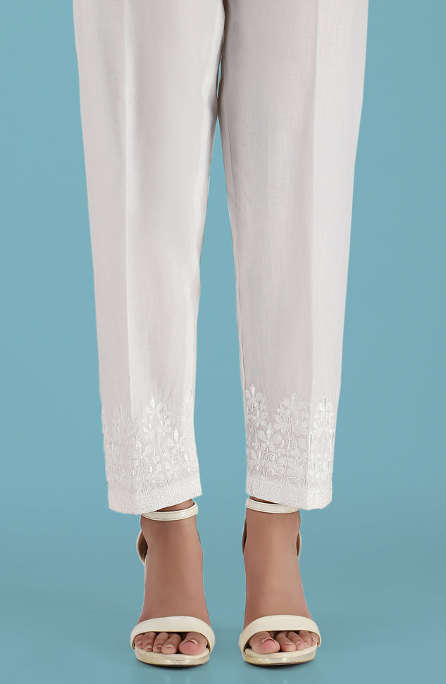 Stitched Embroidered Straight Pants- White