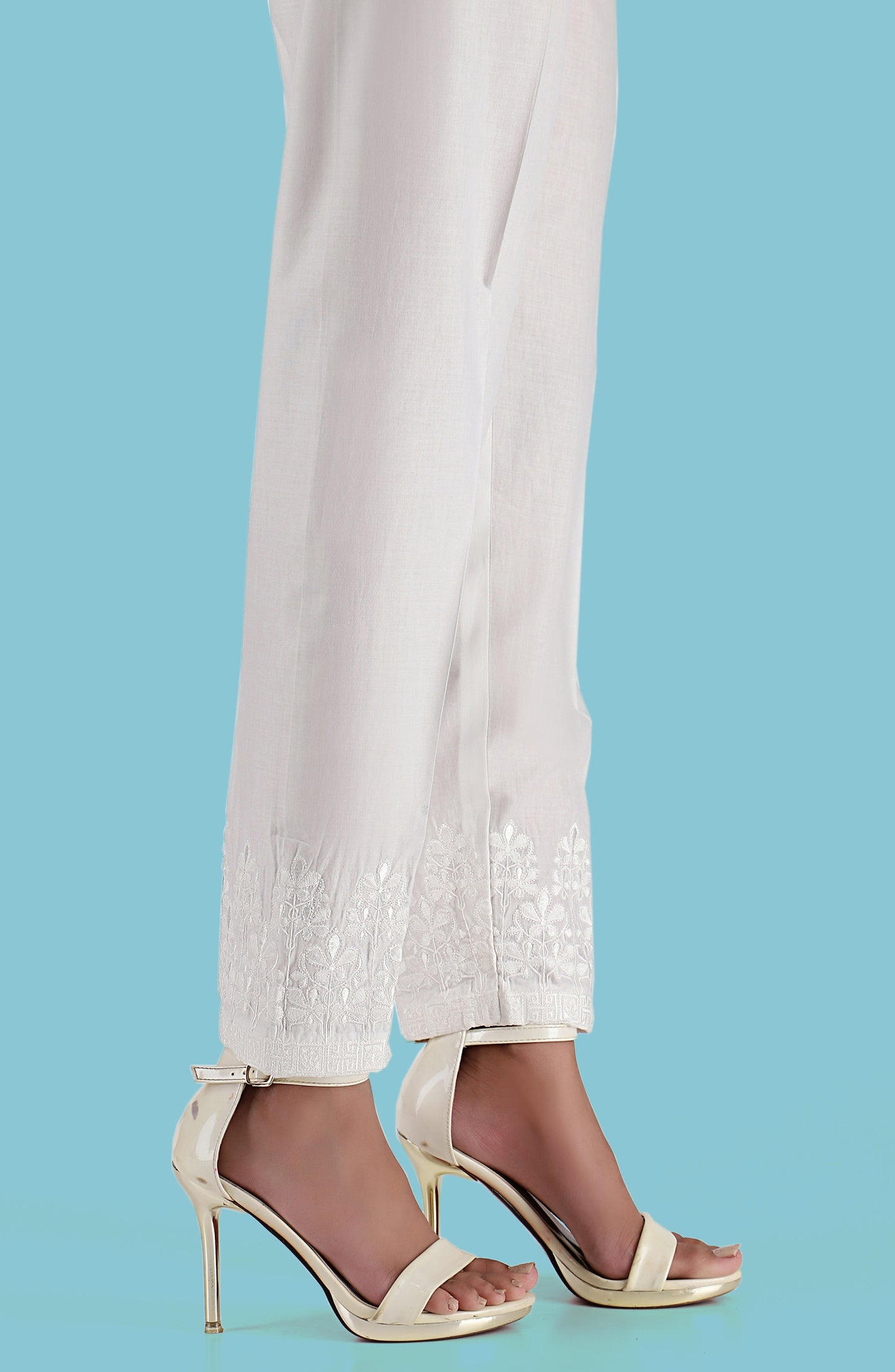 Stitched Embroidered Straight Pants- White