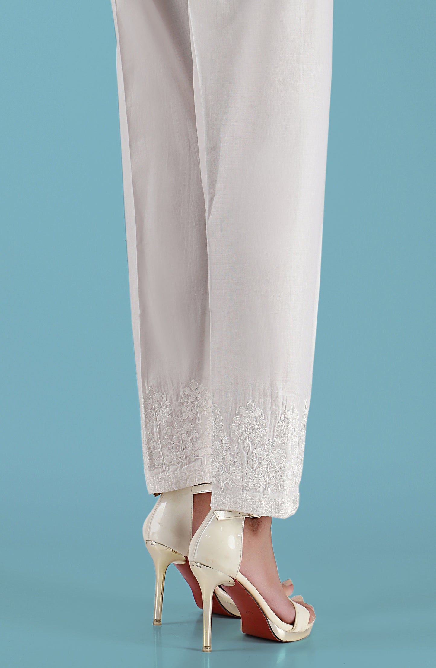 Stitched Embroidered Straight Pants- White (NRPE-028 WHITE)