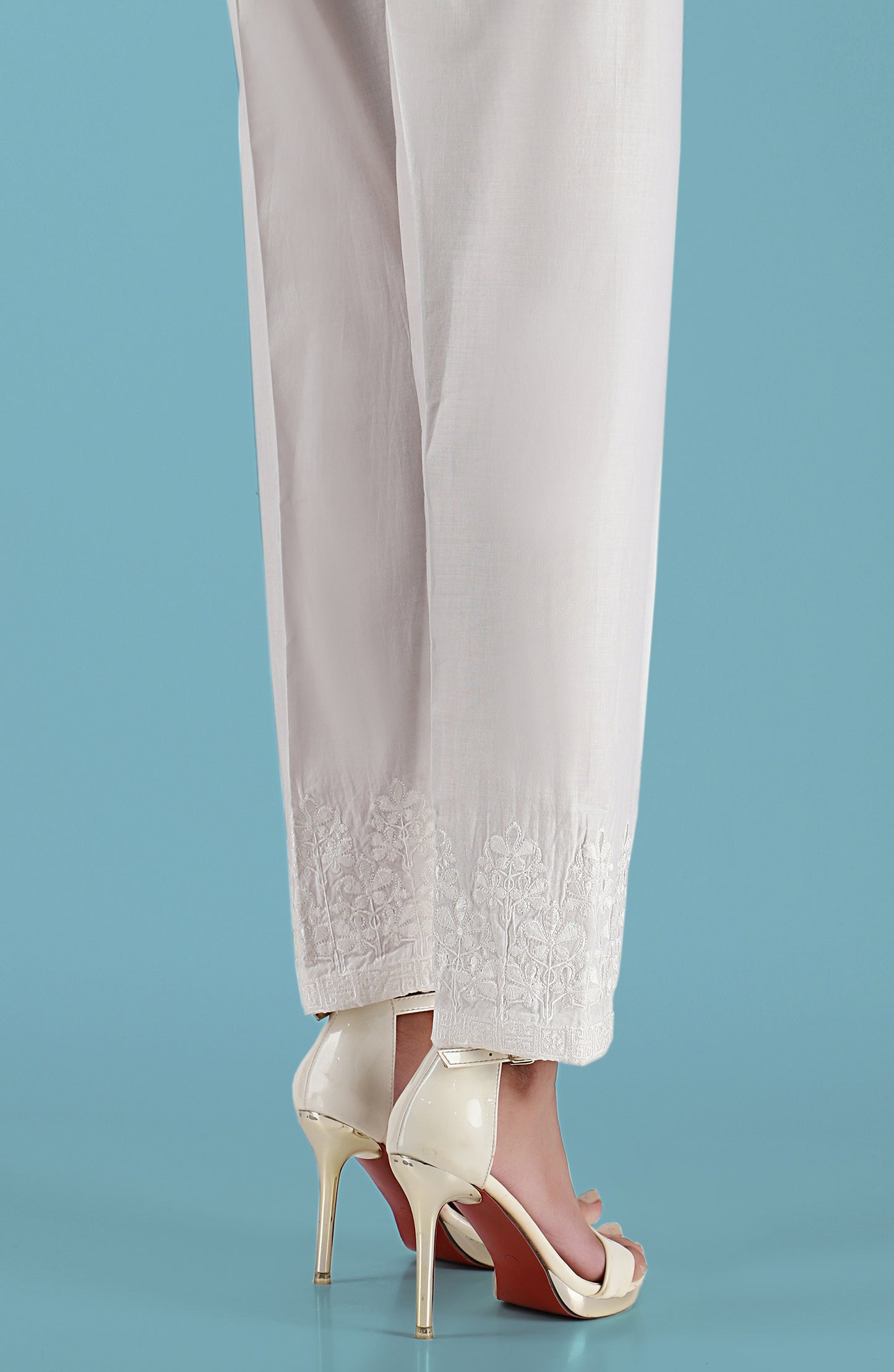 Stitched Embroidered Straight Pants- White