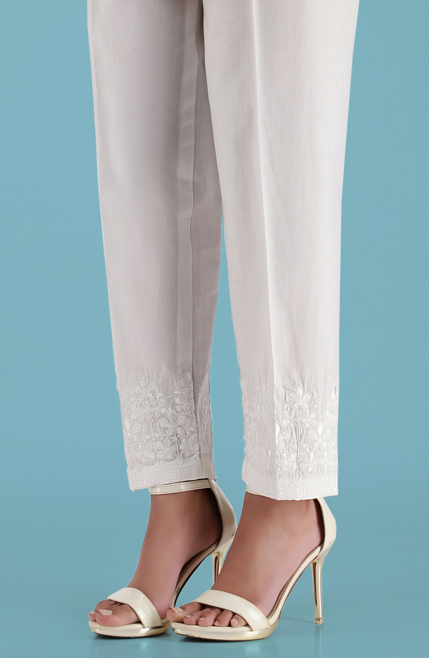 Stitched Embroidered Straight Pants- White
