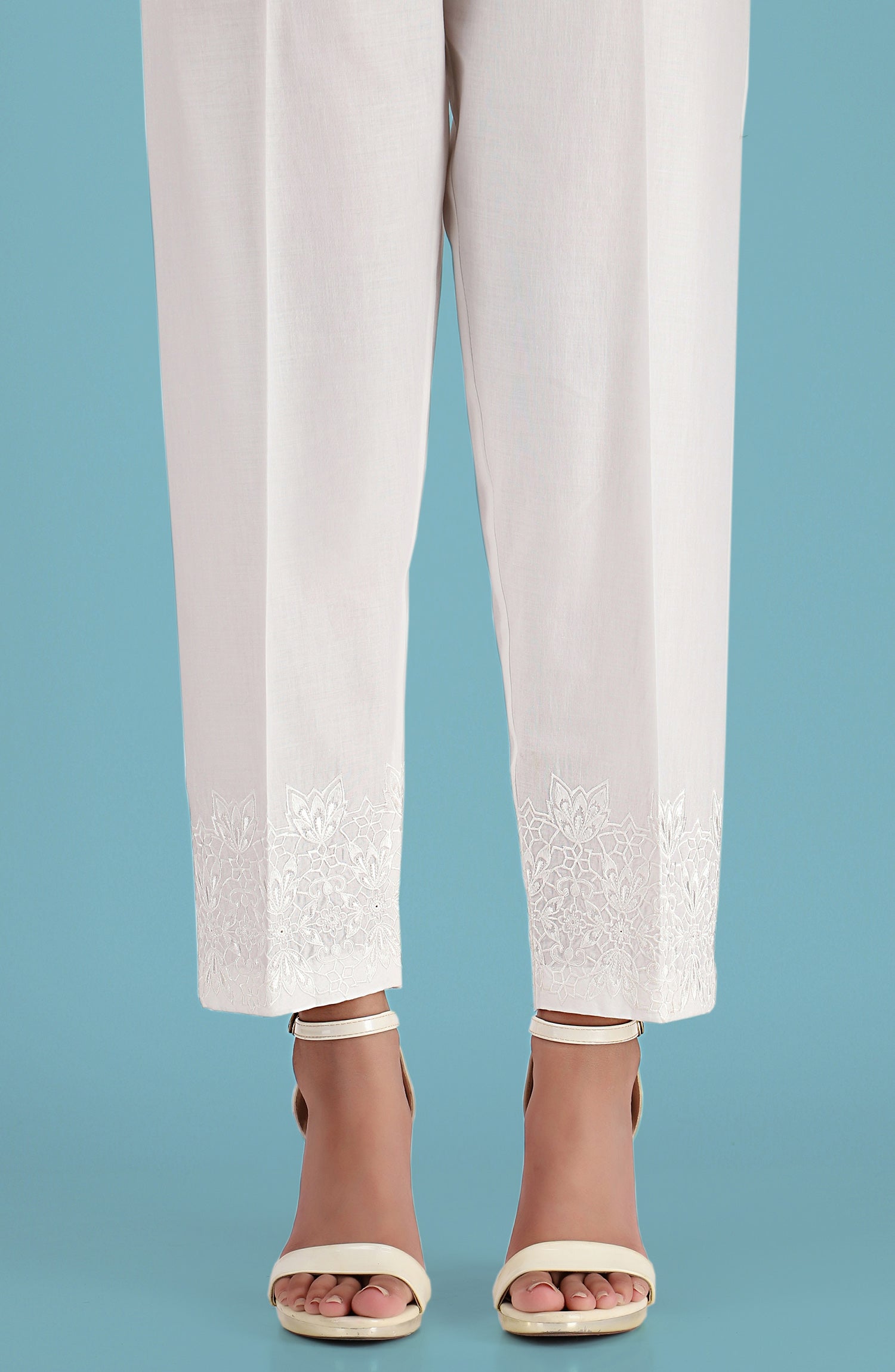 Stitched Embroidered Straight Pants- White (NRPE-029 WHITE)