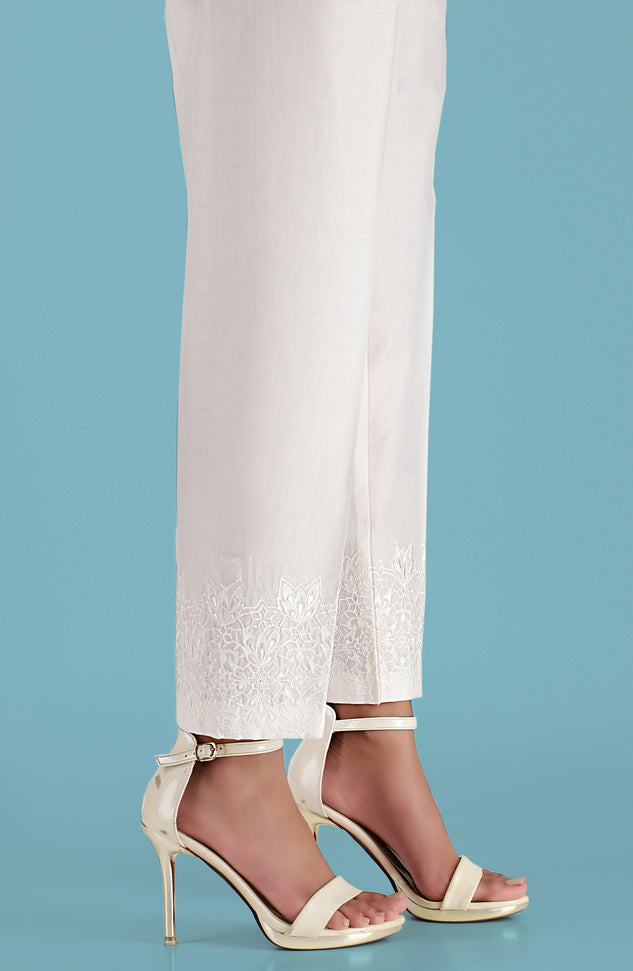 Stitched Embroidered Straight Pants- White
