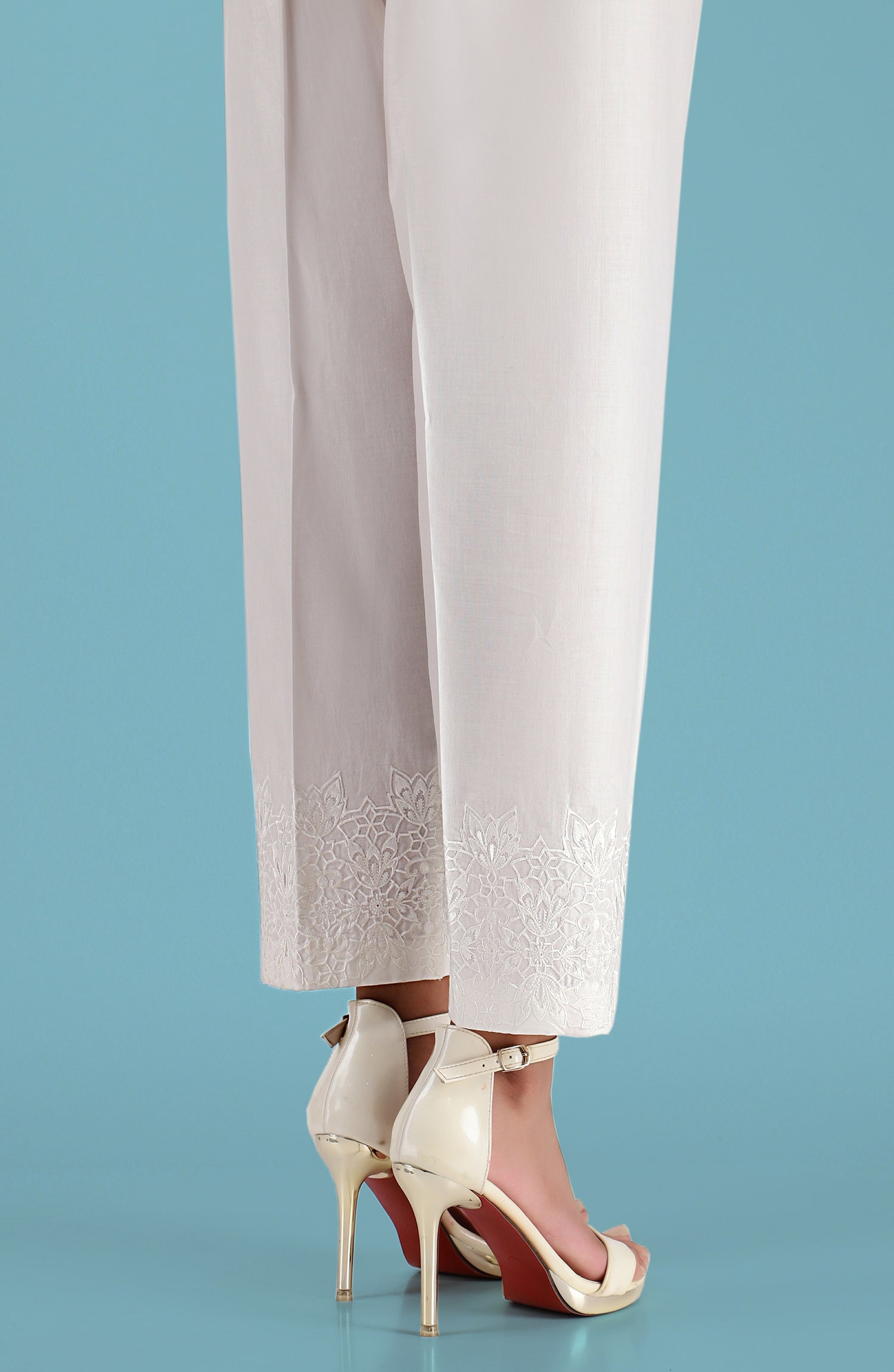 Stitched Embroidered Straight Pants- White (NRPE-029 WHITE)