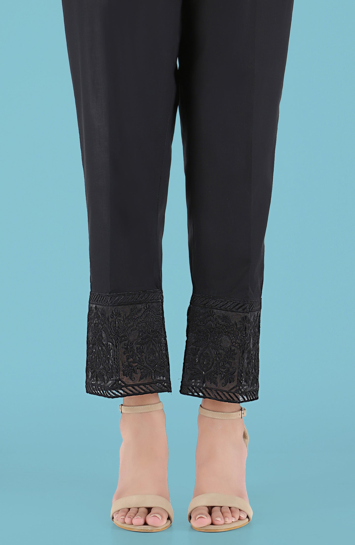 Stitched Embroidered Straight Pants- Black
