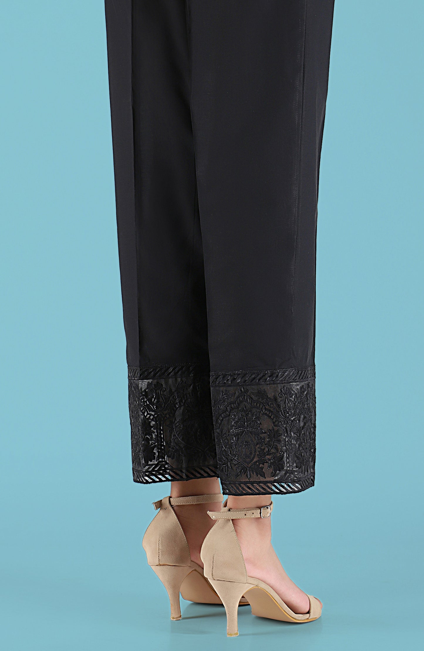 Stitched Embroidered Straight Pants- Black