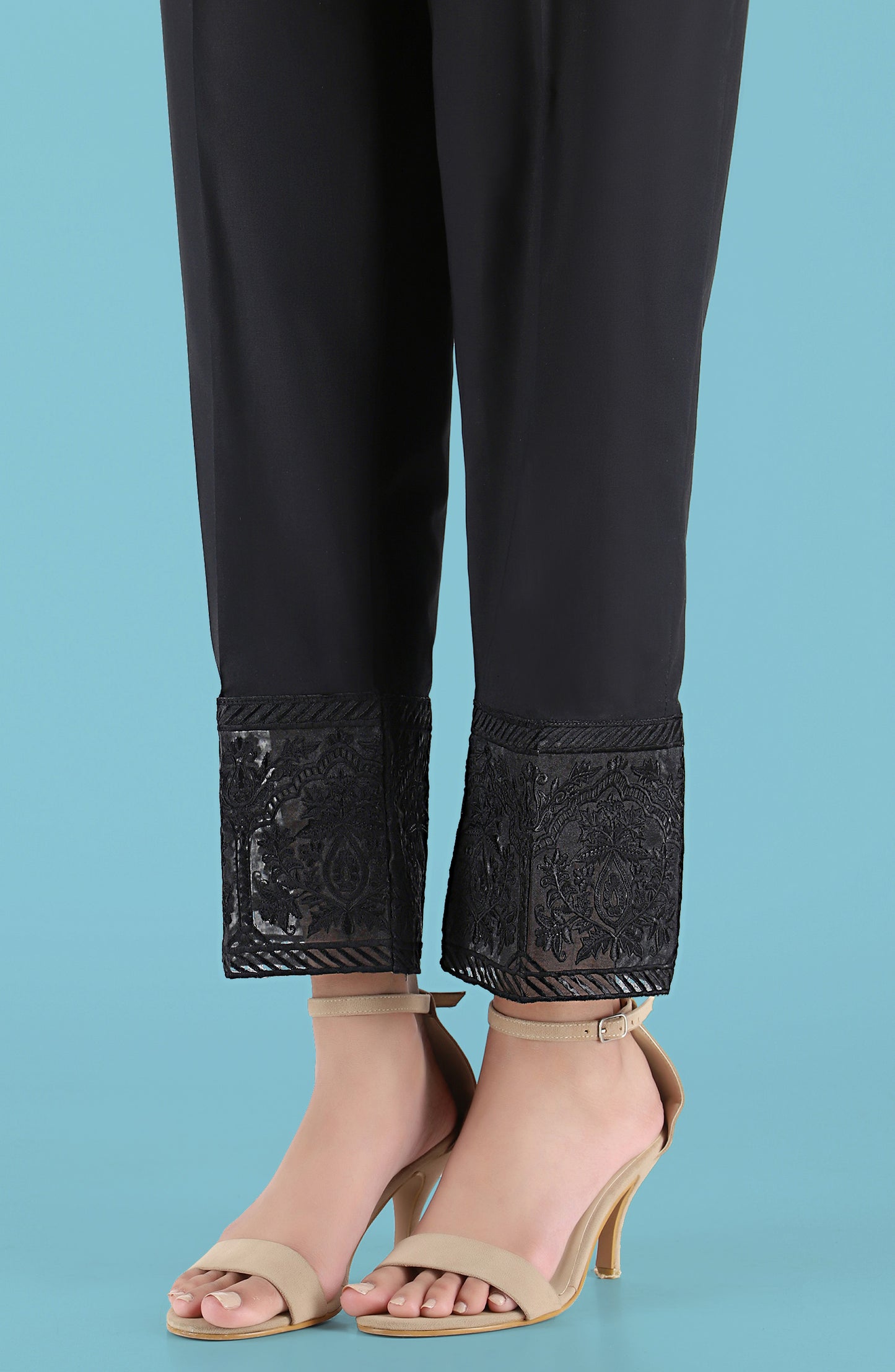 Stitched Embroidered Straight Pants- Black