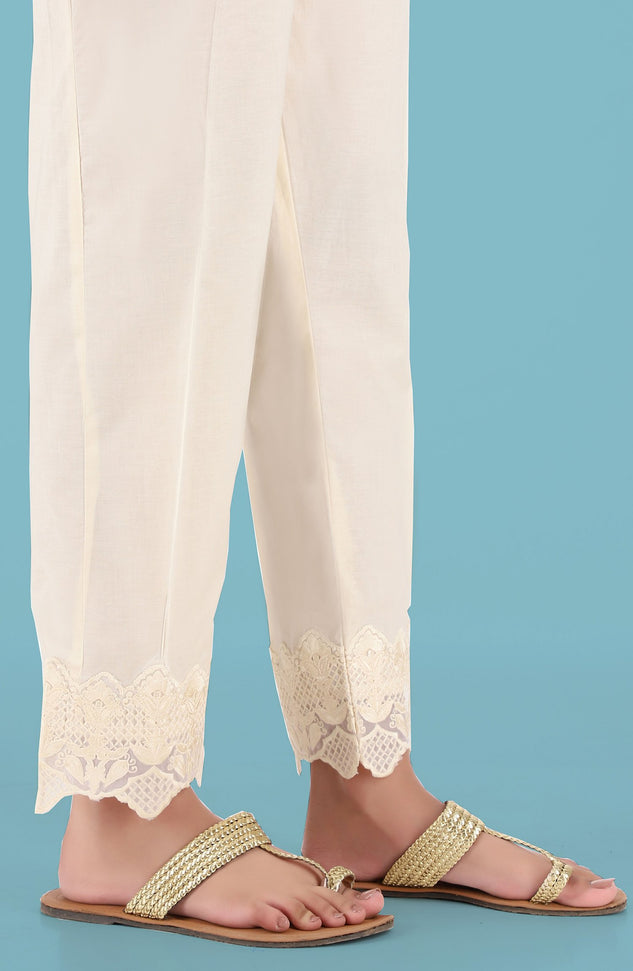 Stitched Embroidered Straight Pants- Creme