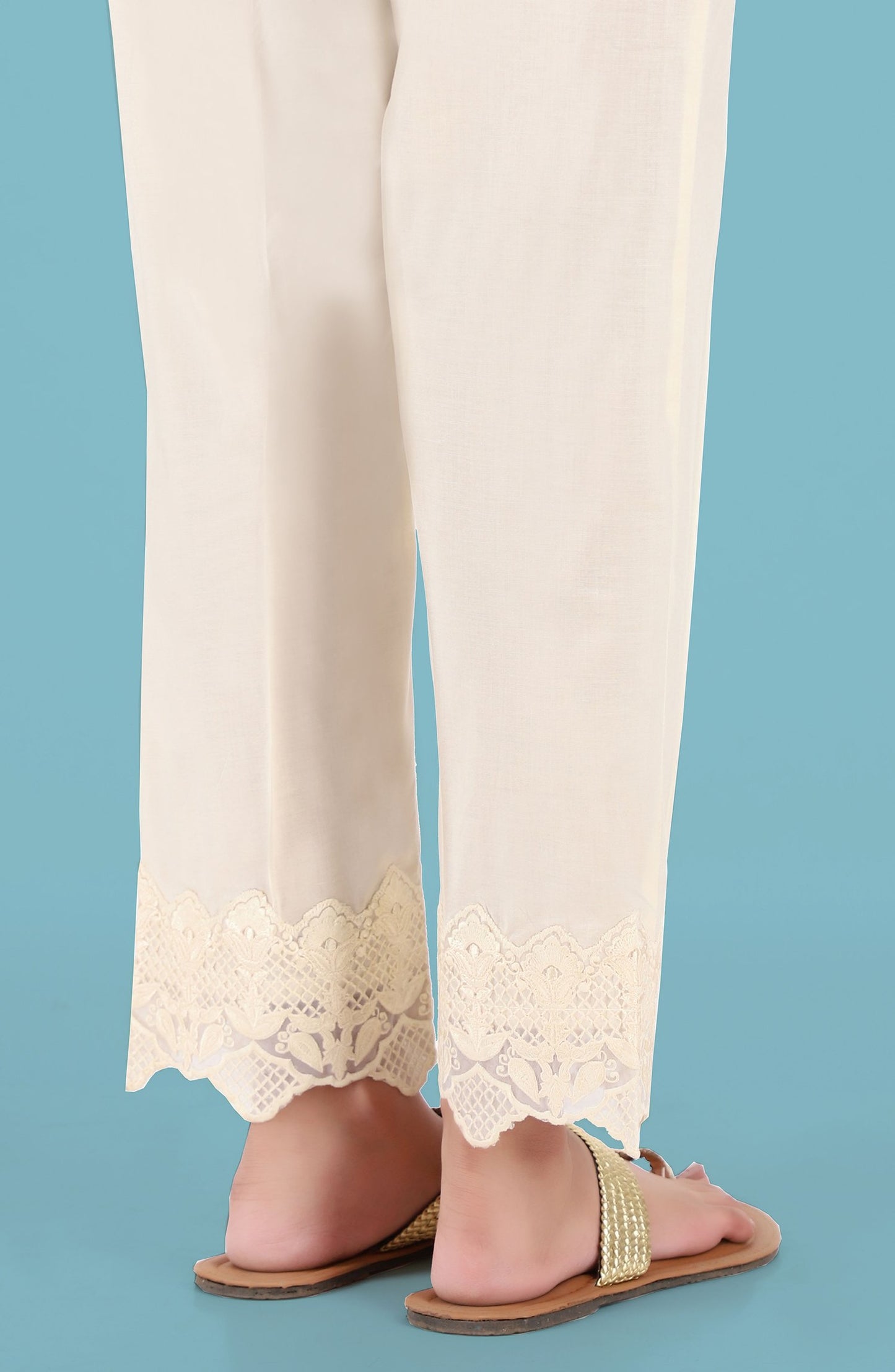 Stitched Embroidered Straight Pants- Creme