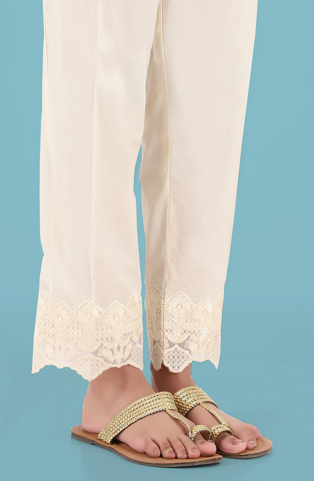Stitched Embroidered Straight Pants- Creme