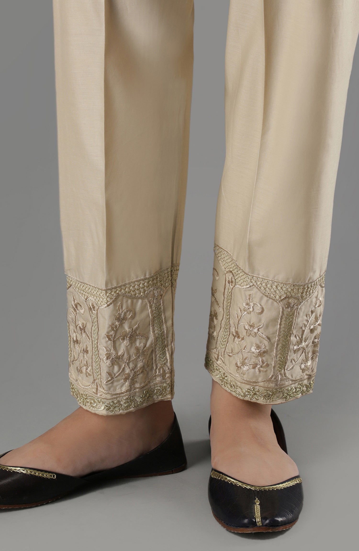 Stitched Bottoms 1 Piece Embroidered Cambric Pants (NRPE-50/S BEIGE)