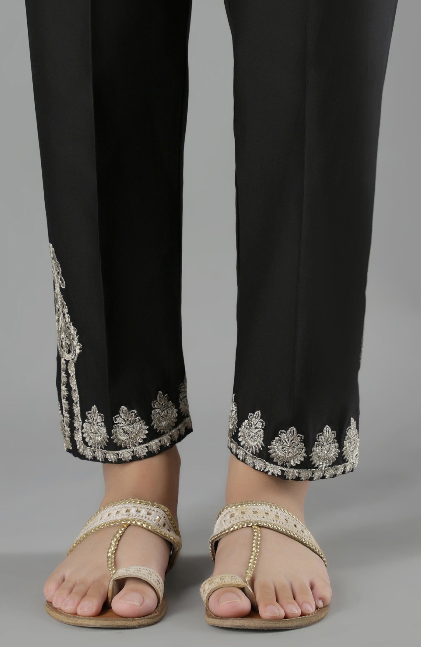 Stitched Bottoms 1 Piece Embroidered Cambric Pants (NRPE-52/S BLACK)