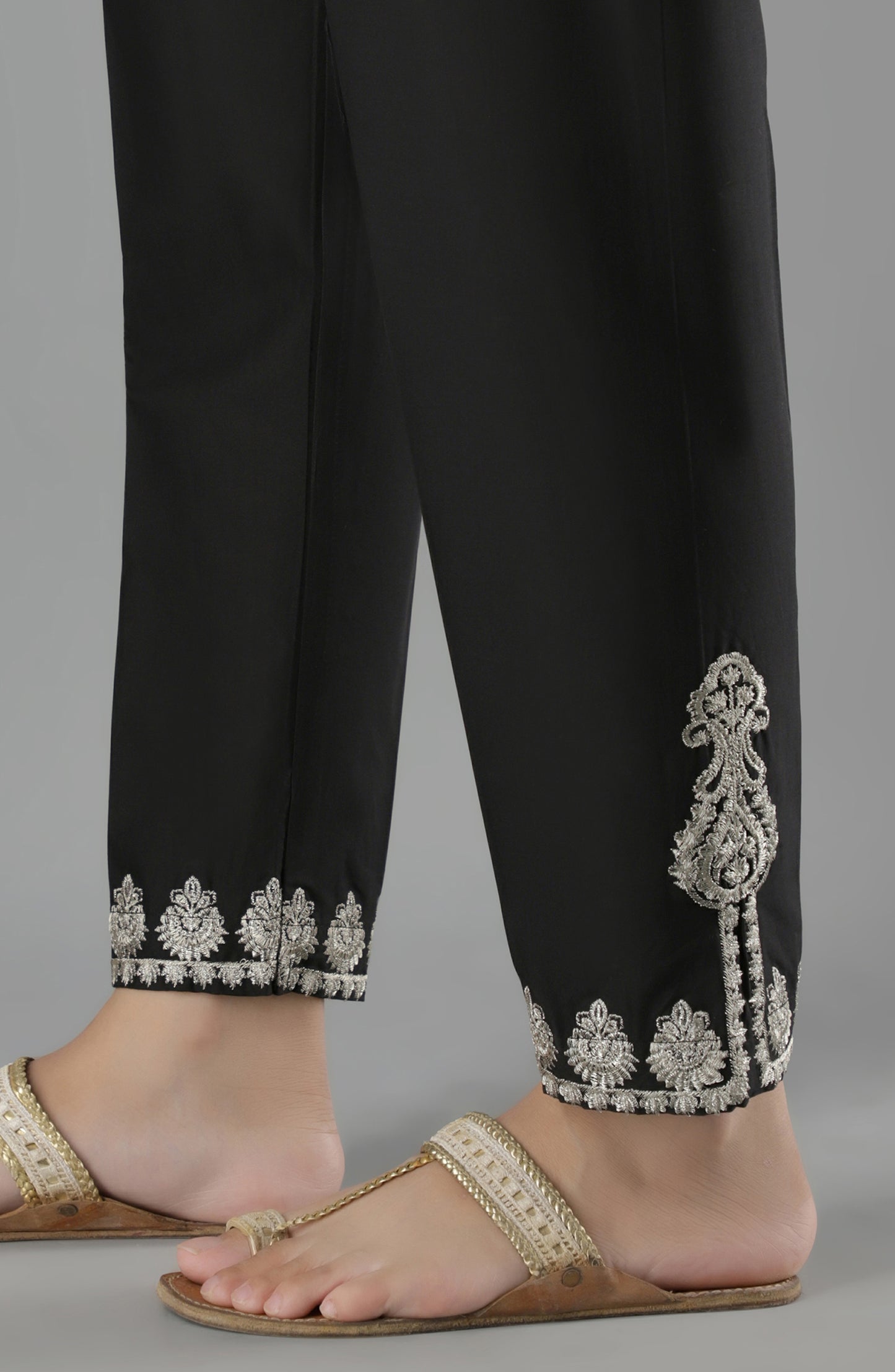 Stitched Bottoms 1 Piece Embroidered Cambric Pants (NRPE-52/S BLACK)