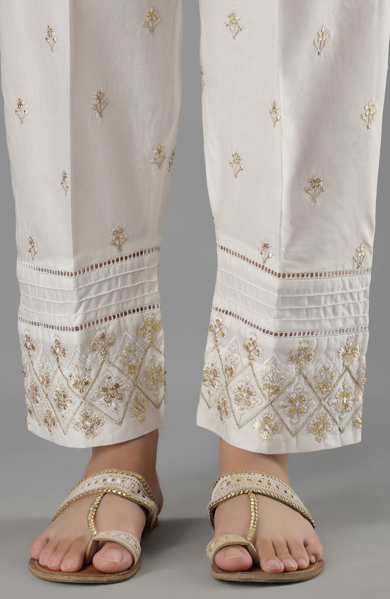 Stitched Bottoms 1 Piece Embroidered Cambric Pants (NRPE-59/S WHITE)