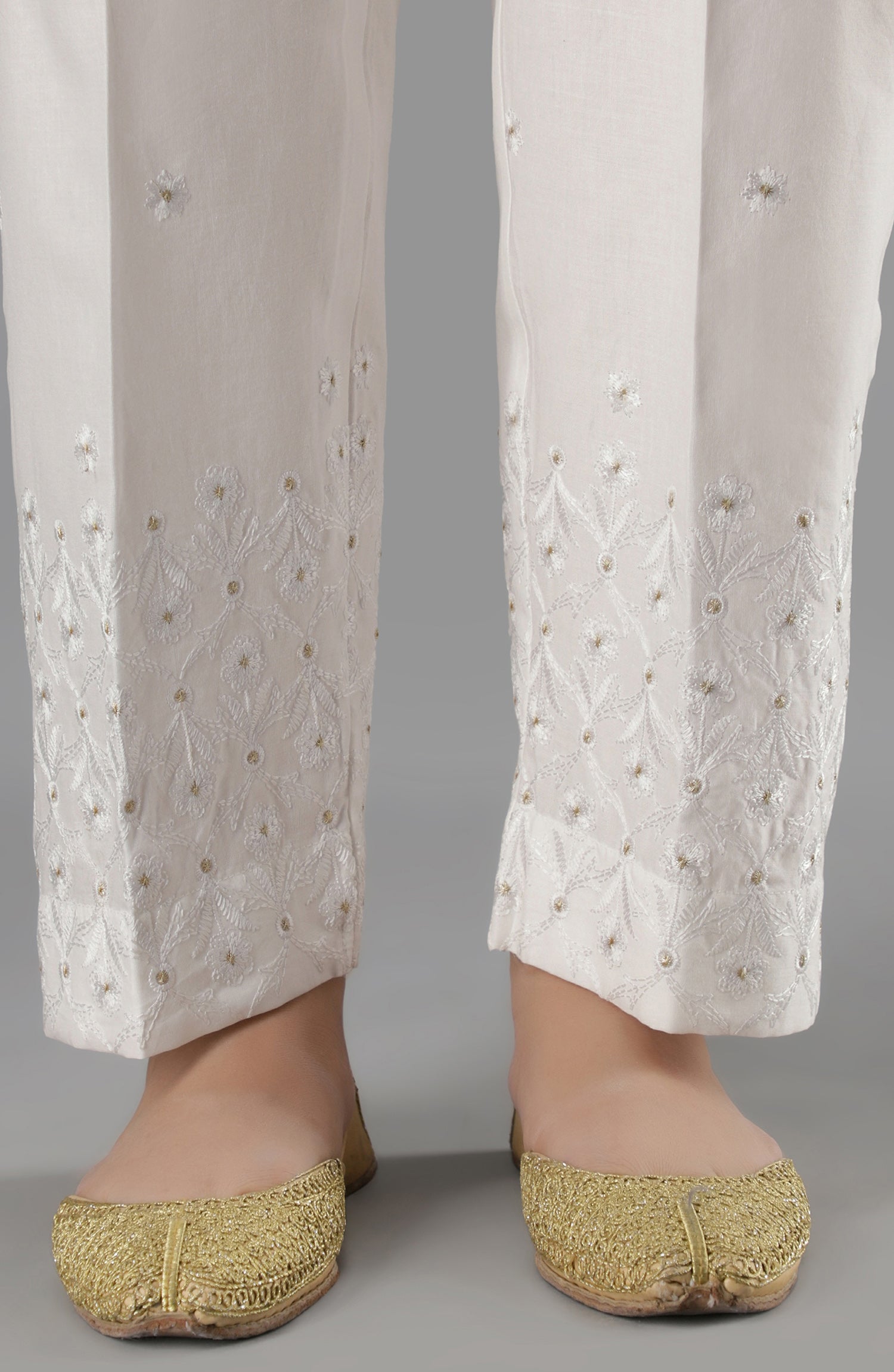 Stitched Bottoms 1 Piece Embroidered Cambric Pants (NRPE-60/S WHITE)