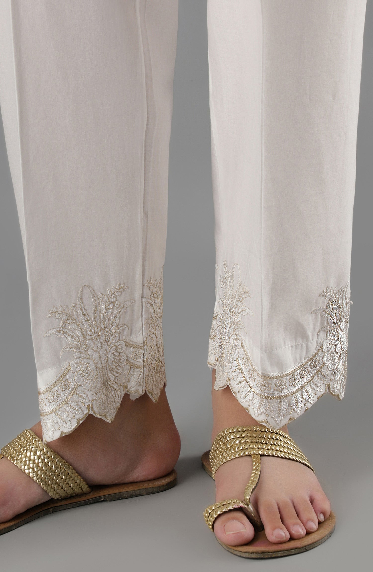 Stitched Bottoms 1 Piece Embroidered Cambric Pants (NRPE-63/S WHITE)