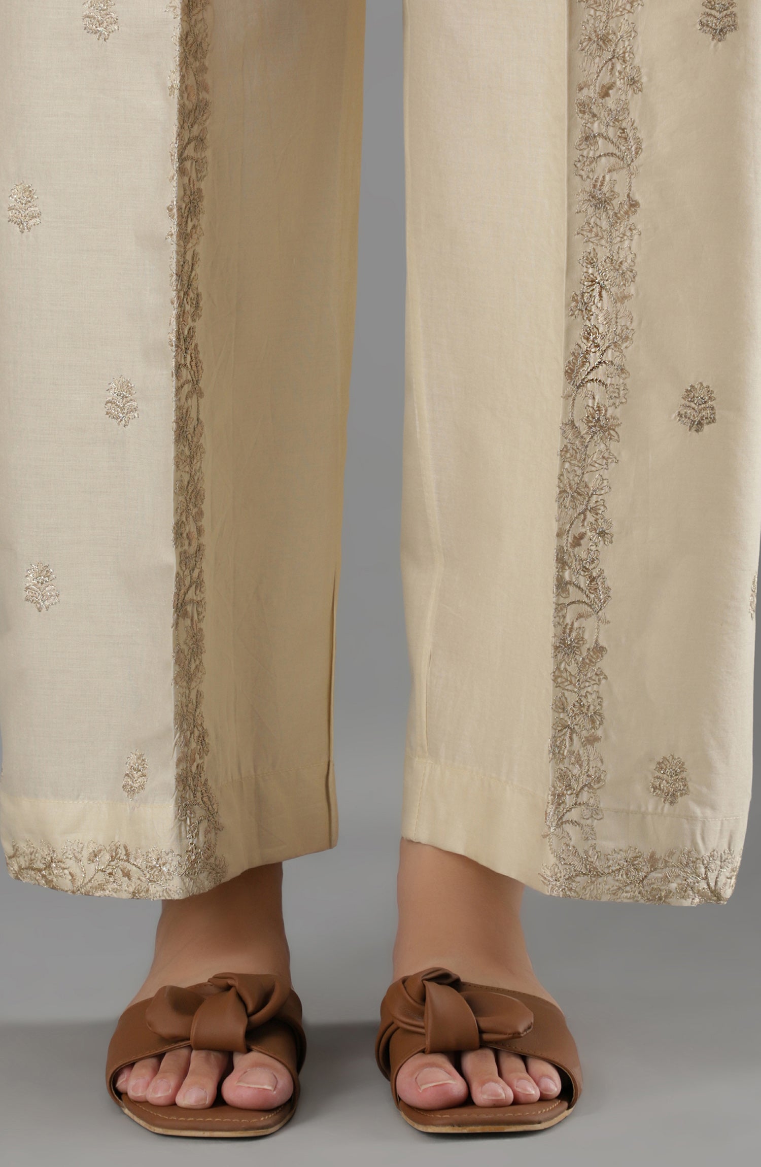 Stitched Bottoms 1 Piece Embroidered Cambric Pants (NRPE-64/S BEIGE)