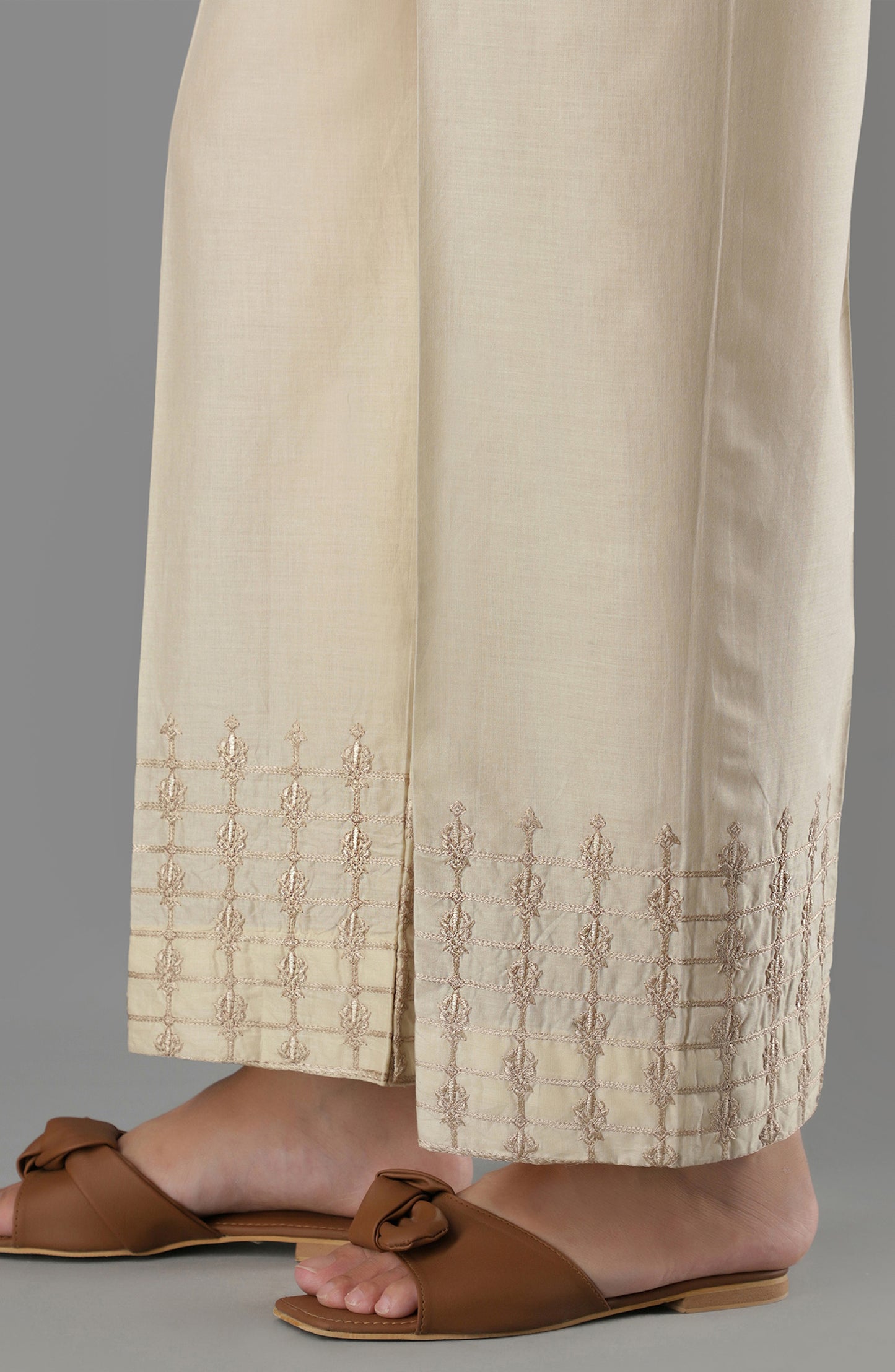 Stitched Bottoms 1 Piece Embroidered Cambric Pants (NRPE-65/S BEIGE)