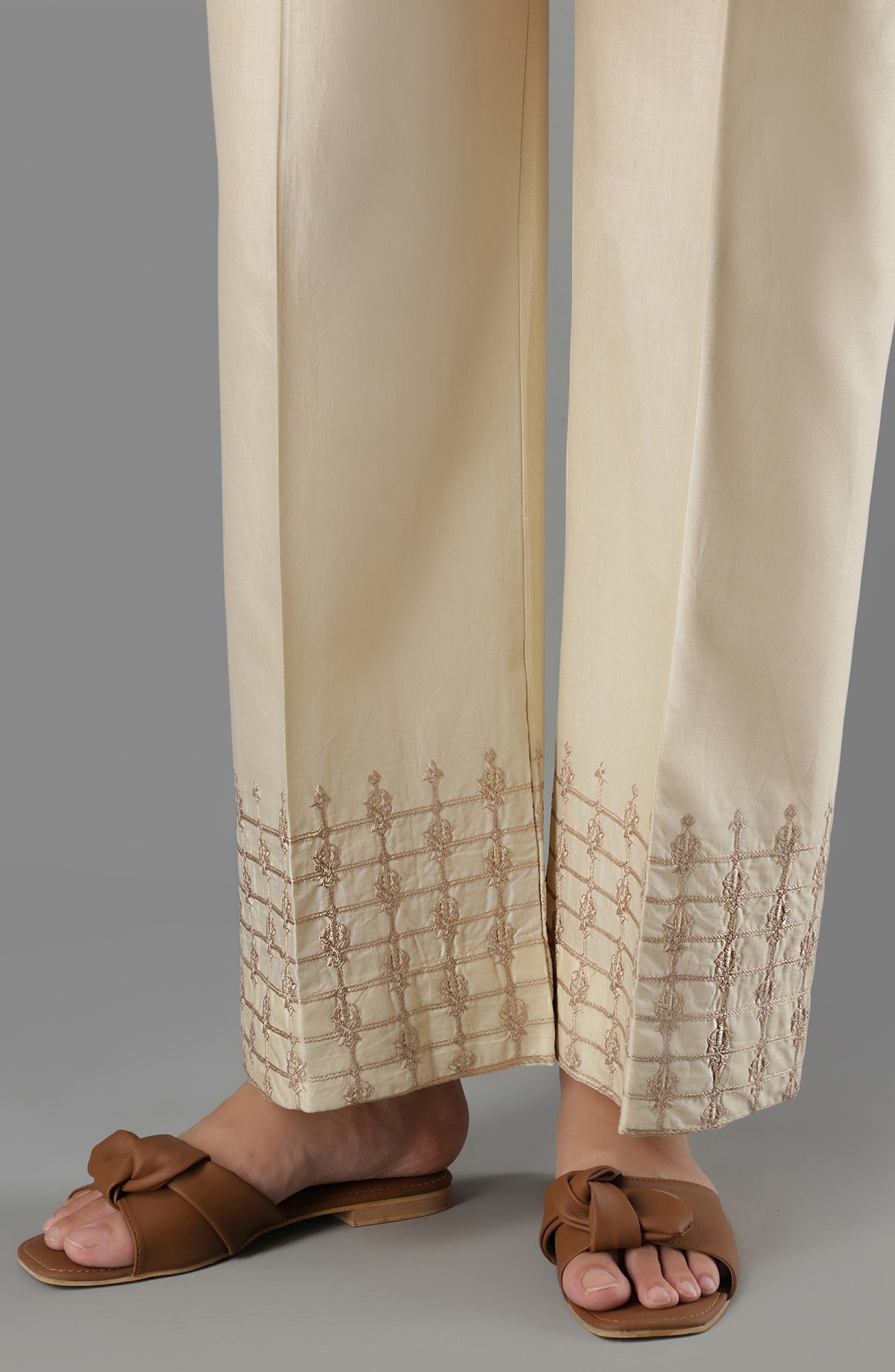 Stitched Bottoms 1 Piece Embroidered Cambric Pants (NRPE-65/S BEIGE)