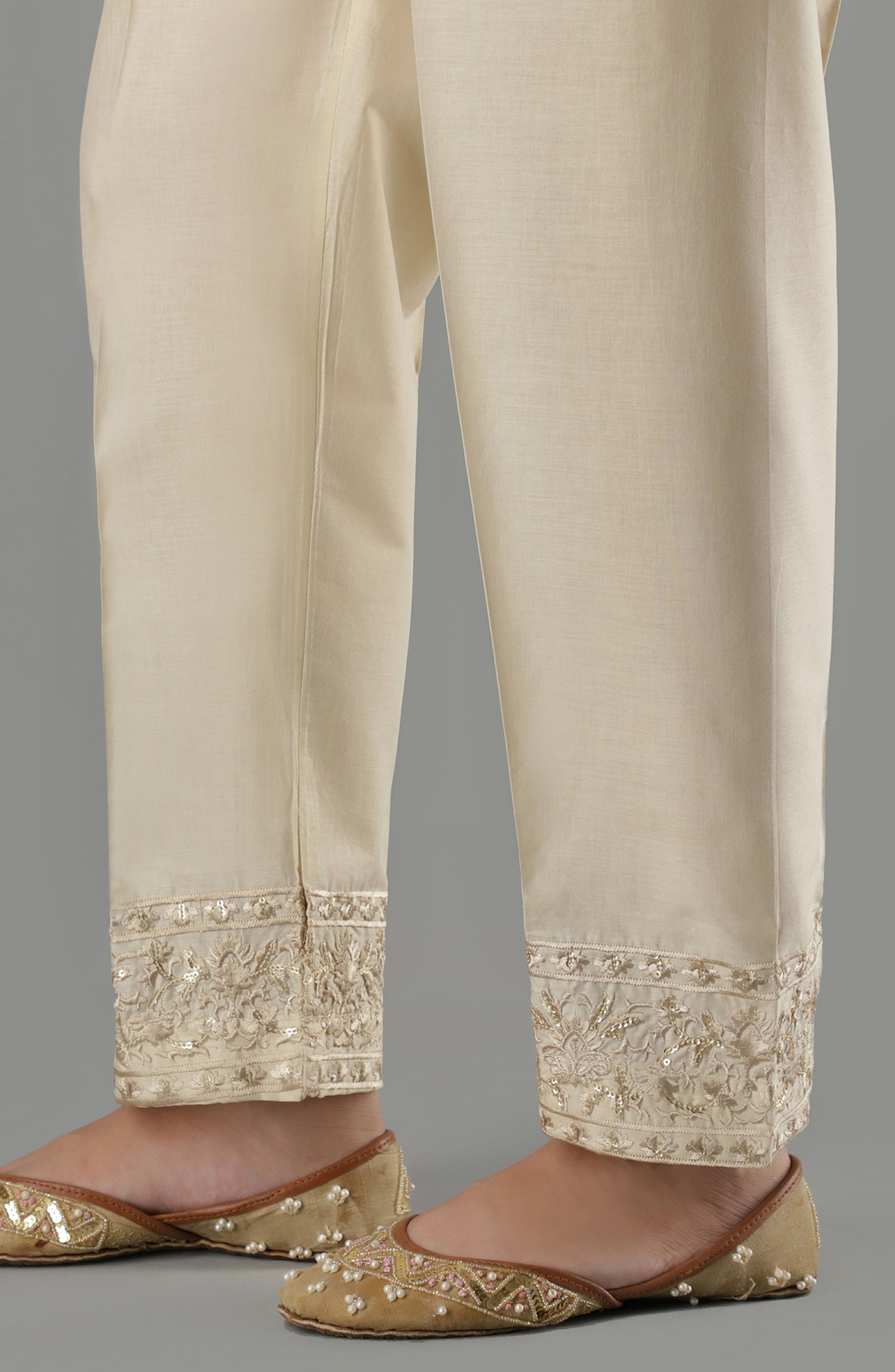 Stitched Bottoms 1 Piece Embroidered Cambric Pants (NRPE-66/S BEIGE)