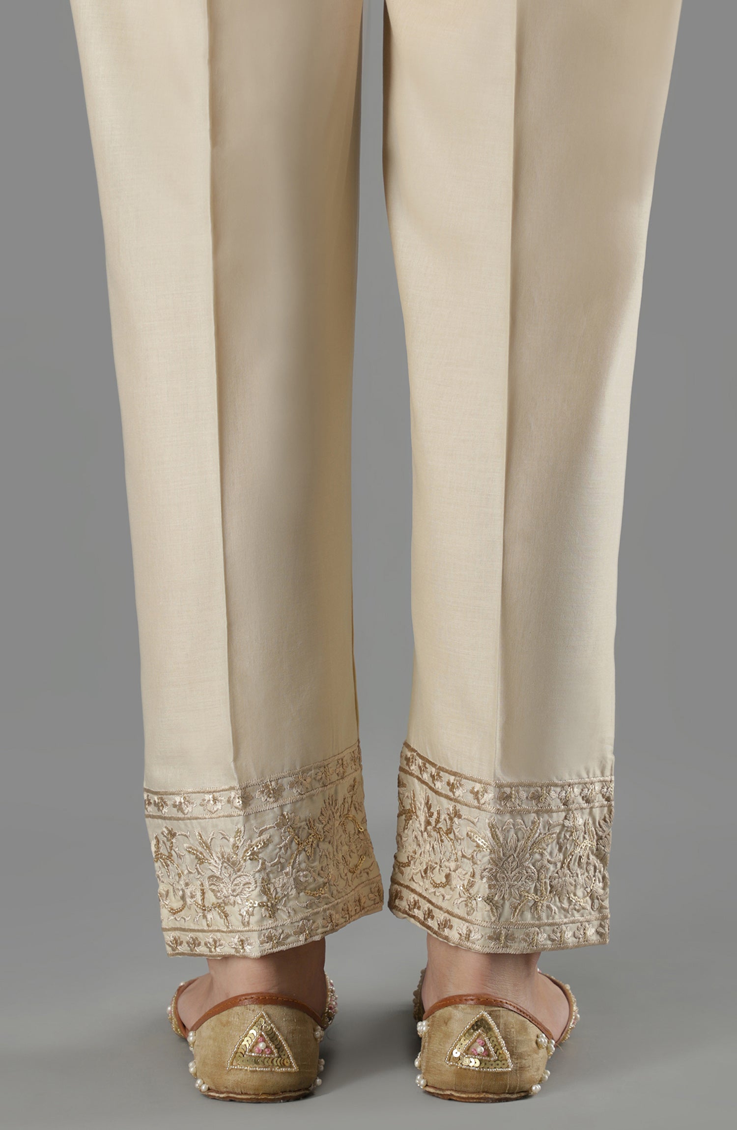 Stitched Bottoms 1 Piece Embroidered Cambric Pants (NRPE-66/S BEIGE)